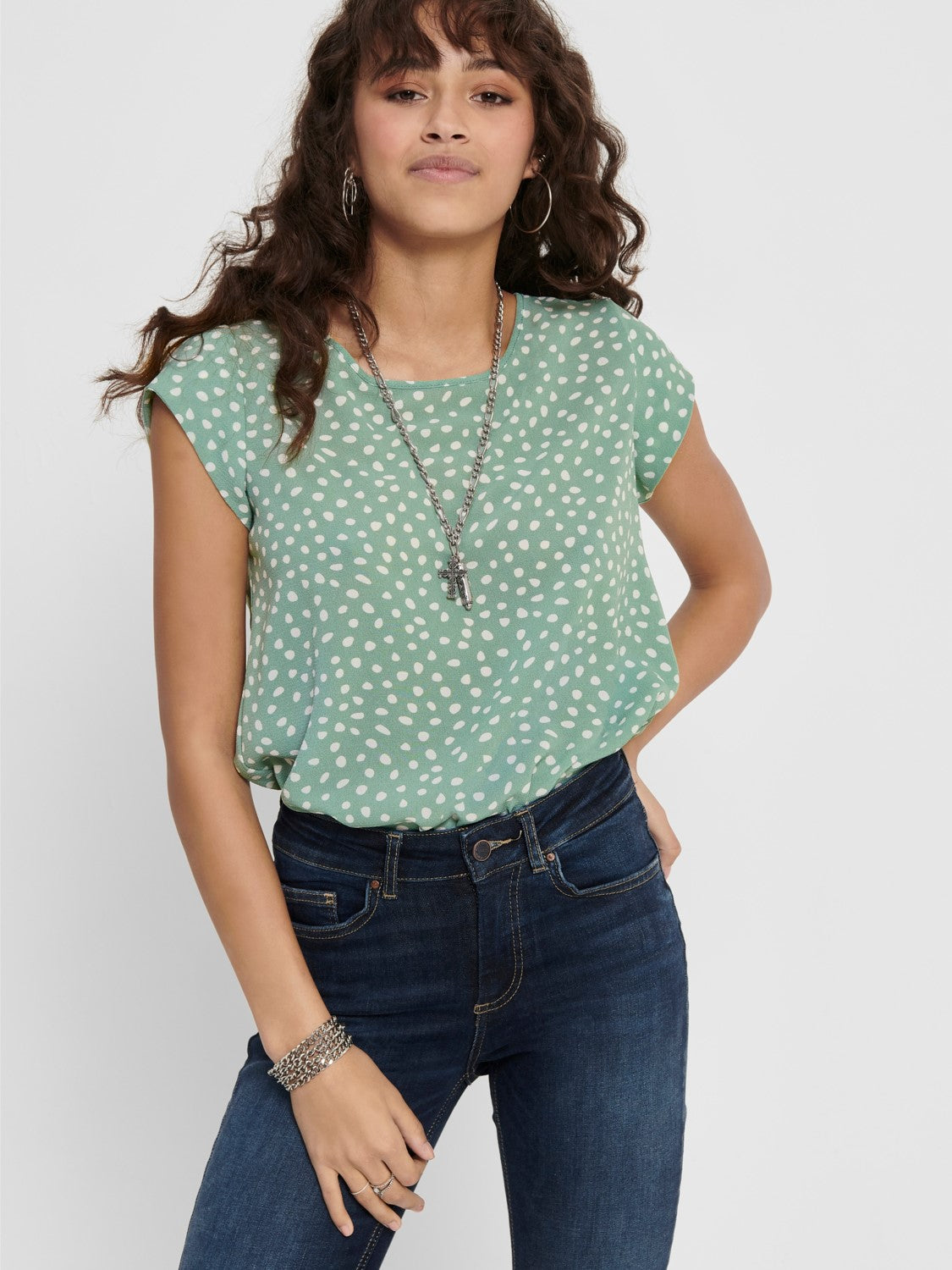 Ladies Vic Short Sleeve All Over Print Chinois Green Top-Close Up of Front View