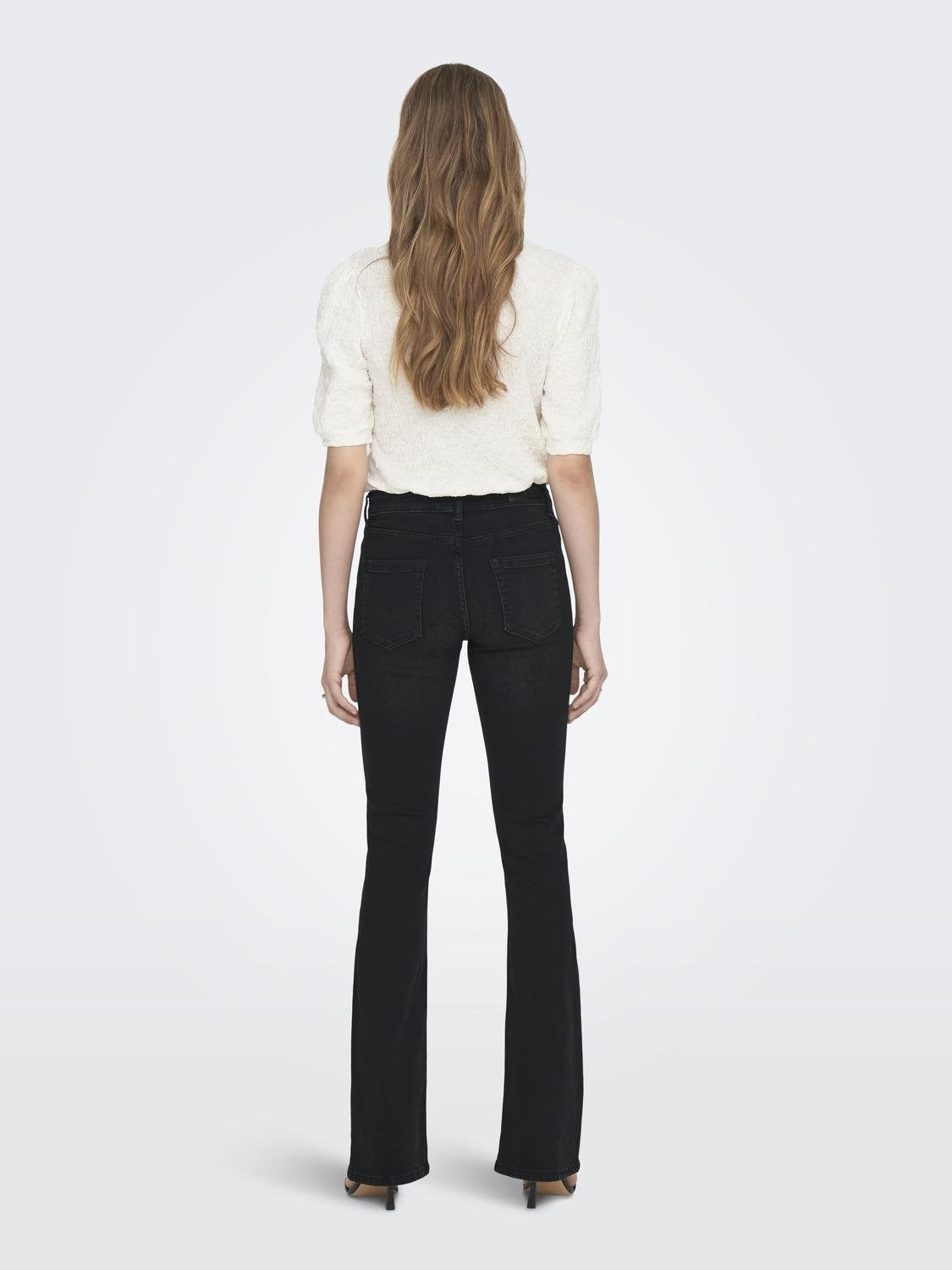 Ladies Blush Mid Flared Denim Jeans-Washed Black-Model Back View