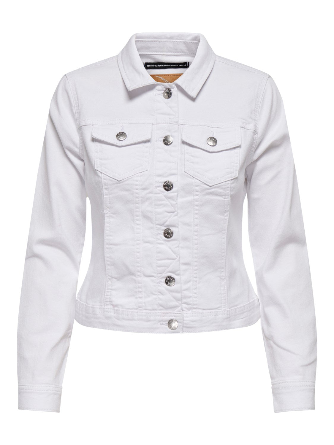 Front view of the ONLY Wonder white denim jacket