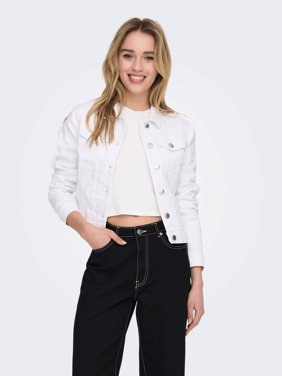 Ladies Wonder Denim Jacket-White-Model Front View