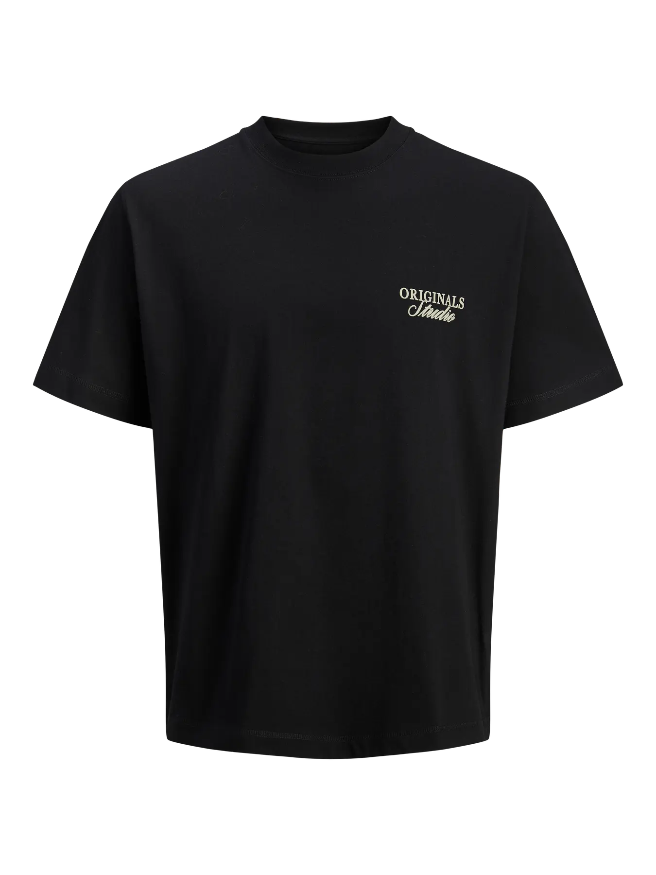 Black t-shirt with white text on a white background
