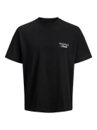 Black t-shirt with white text on a white background