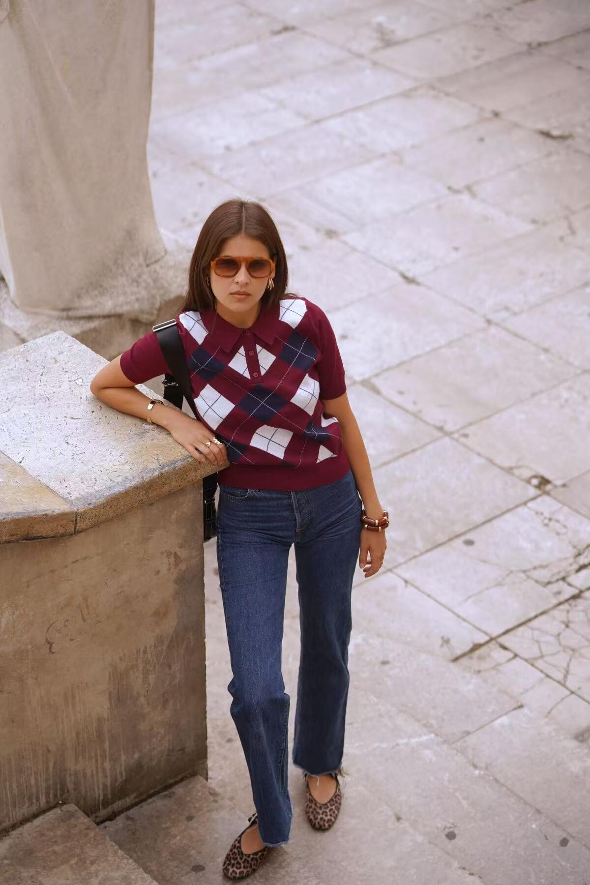 Ladies Short Sleeve Burgundy Plaid Print Sweater-Full Model View