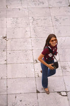 Paris Fashion Short Sleeve Burgundy Plaid Print Sweater Burgundy detail view