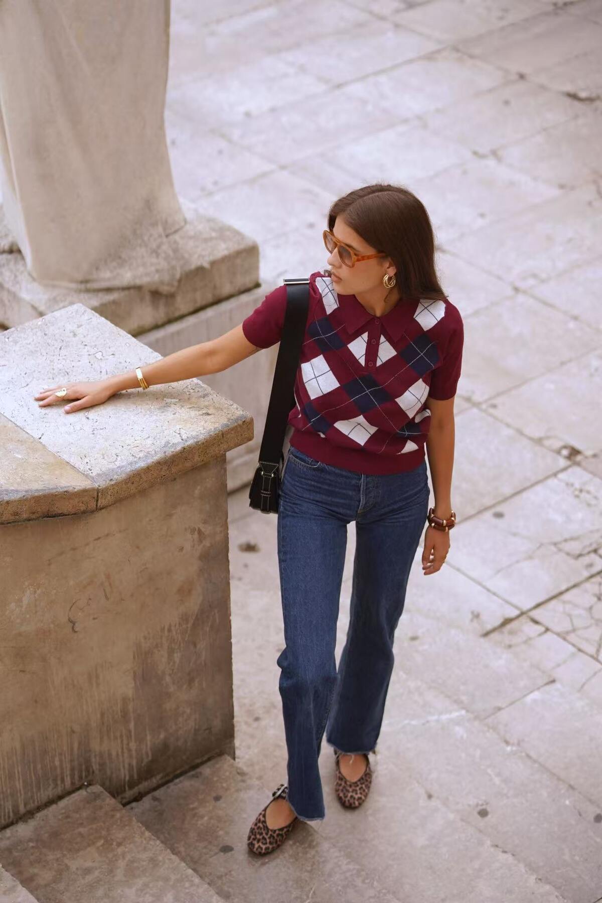 Ladies Short Sleeve Burgundy Plaid Print Sweater-Full Model View 2