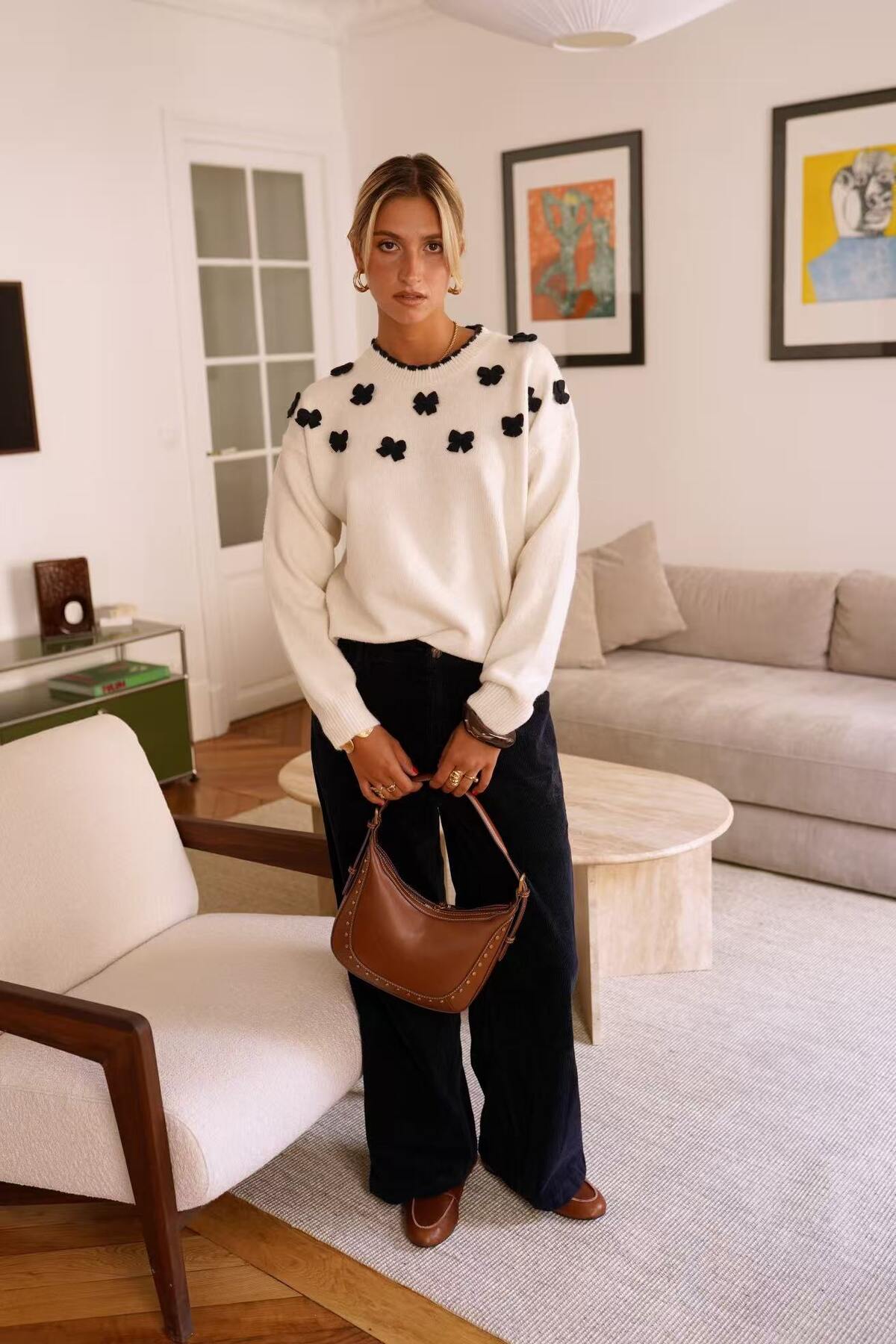 Ladies Sweater with Bow Detail - Navy/White-Model Full View 2