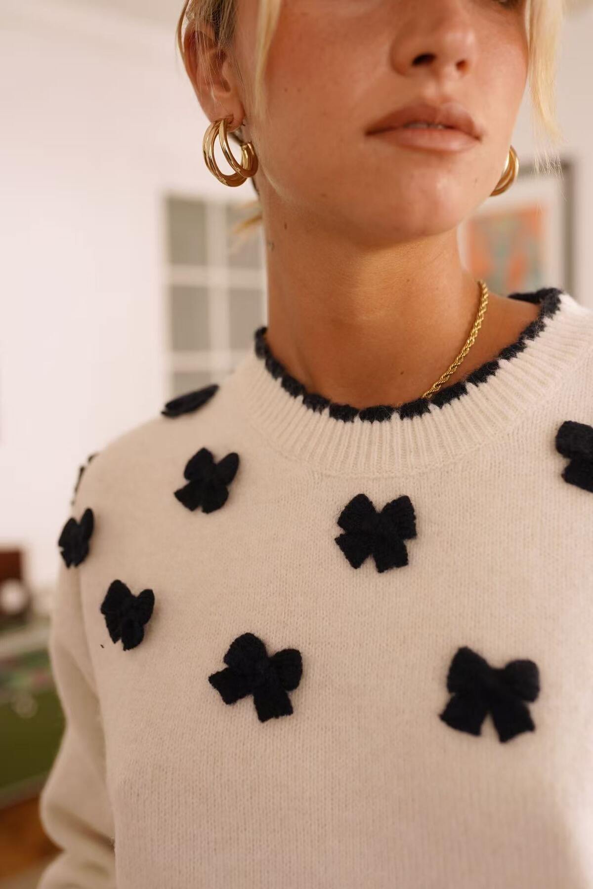 Ladies Sweater with Bow Detail - Navy/White-Close Up View of Bows on Jumper