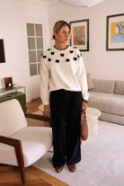 Paris Fashion Sweater with Bow Detail - Navy/White White/Navy model front view