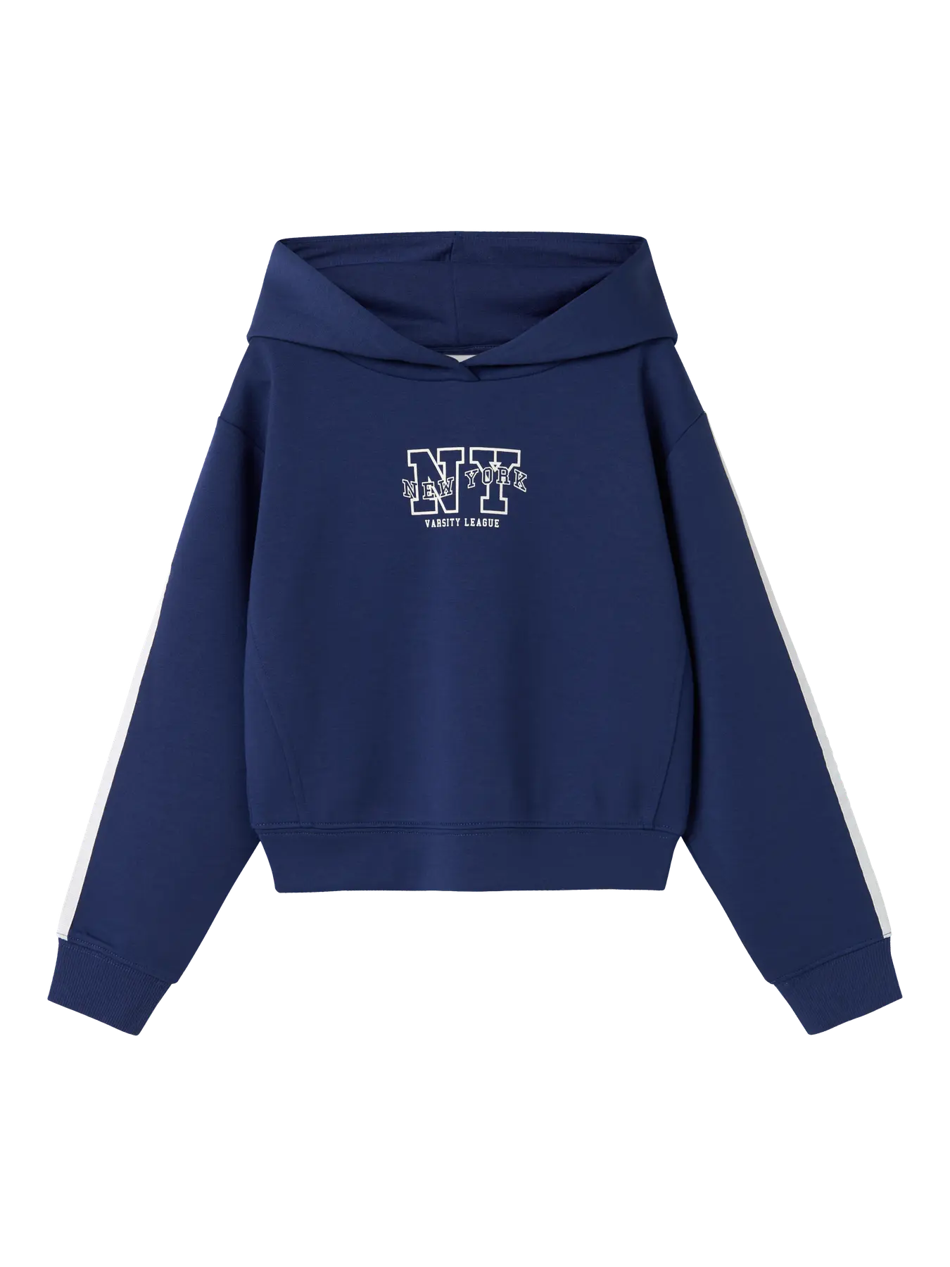 Navy blue hoodie with a logo on a white background
