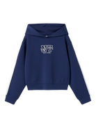 Navy blue hoodie with a logo on a white background
