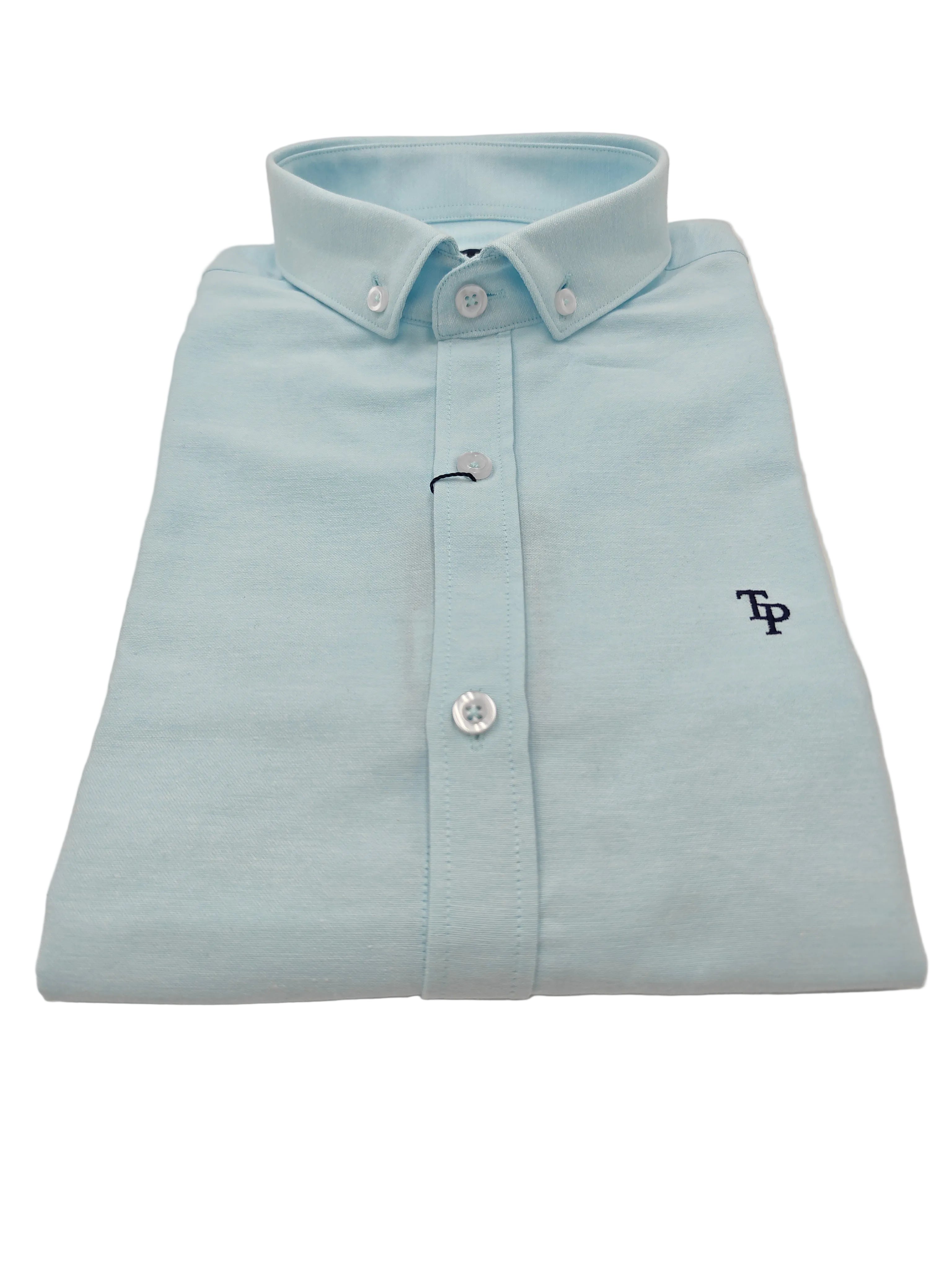 Ocean blue button-up shirt with a logo on a white background, angle view