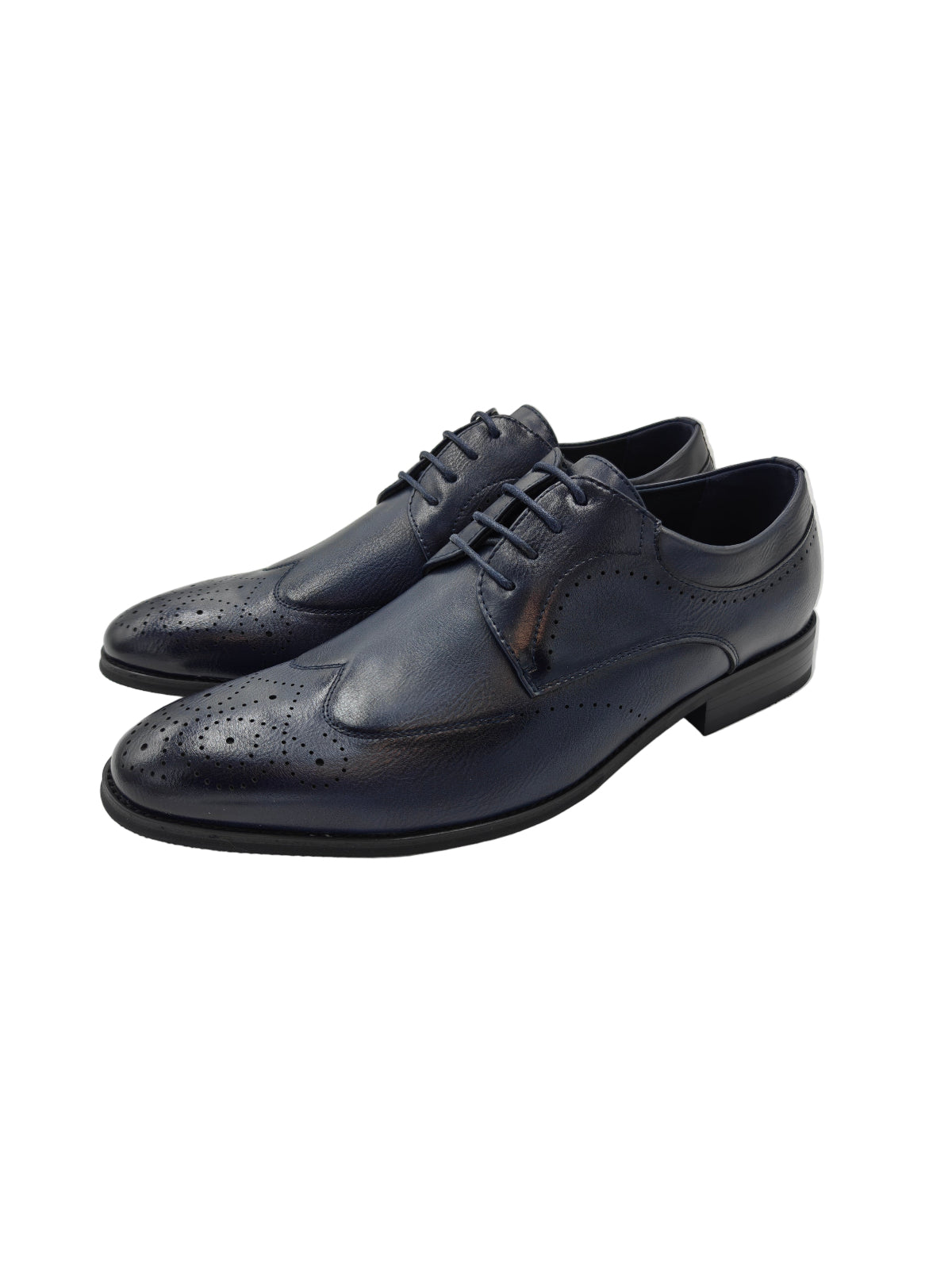 Pair of navy blue dress shoes on a white background