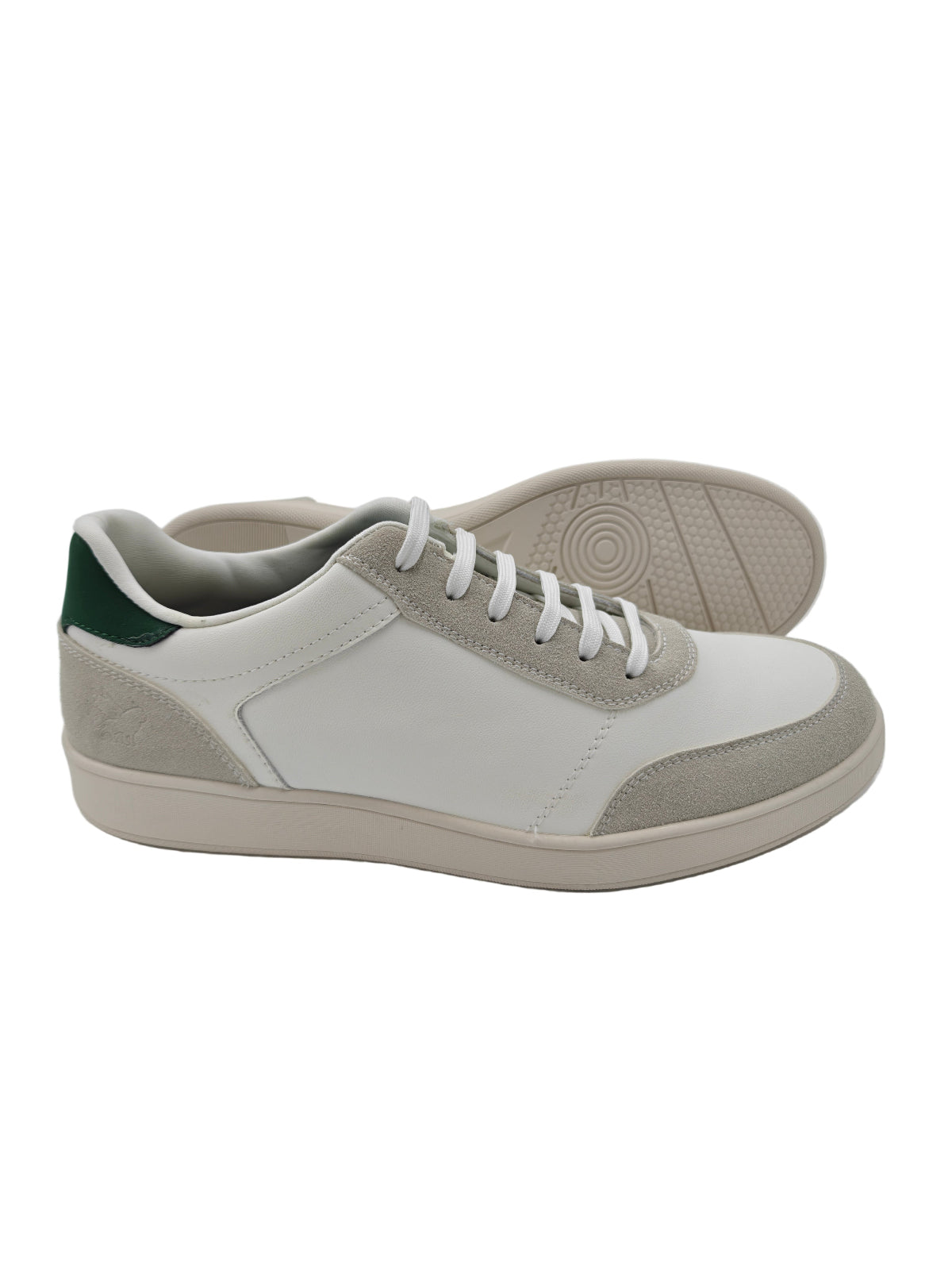 White and gray sneaker with green accents on a white background