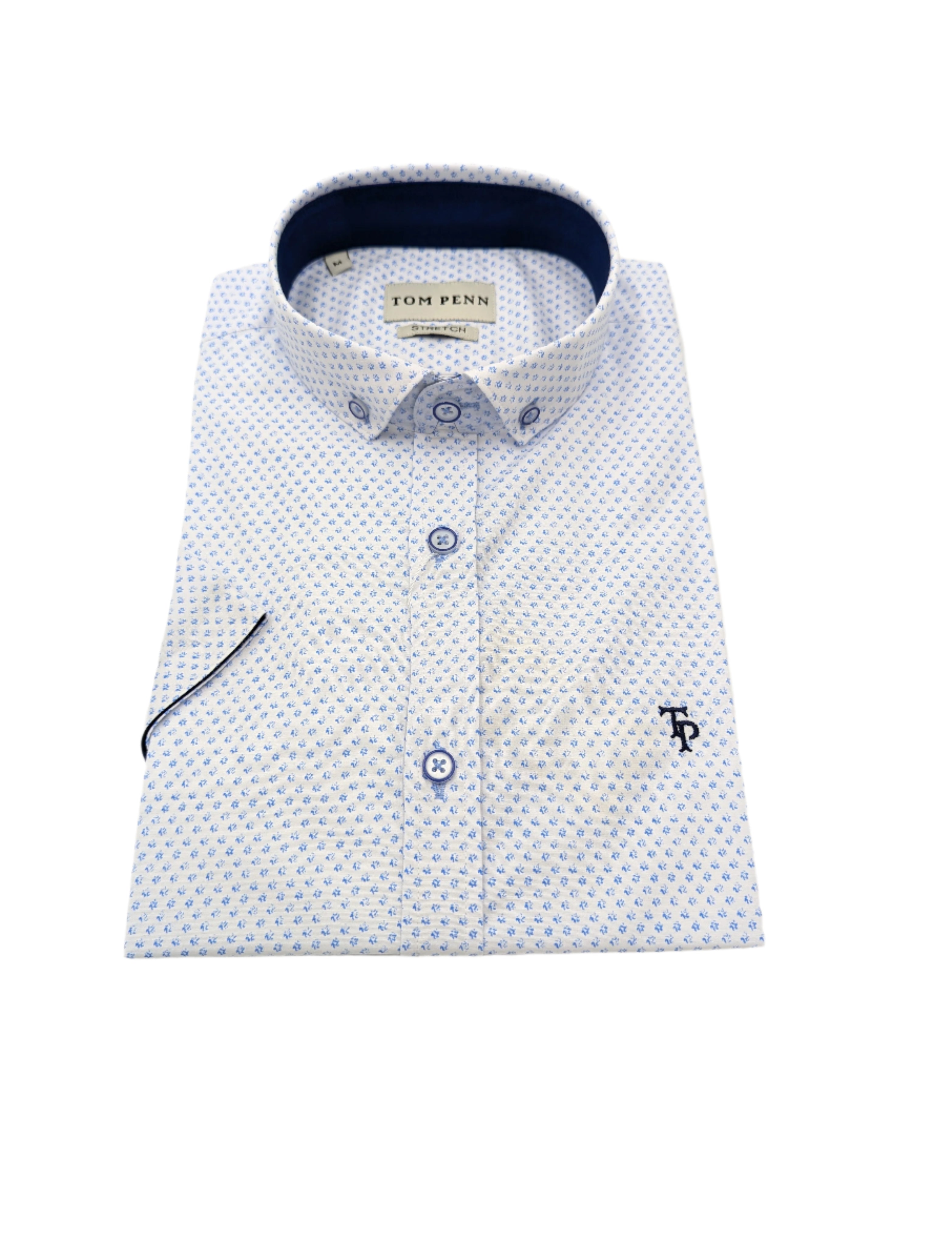 Tom Penn White/Blue Short Sleeve Shirt-Collar view