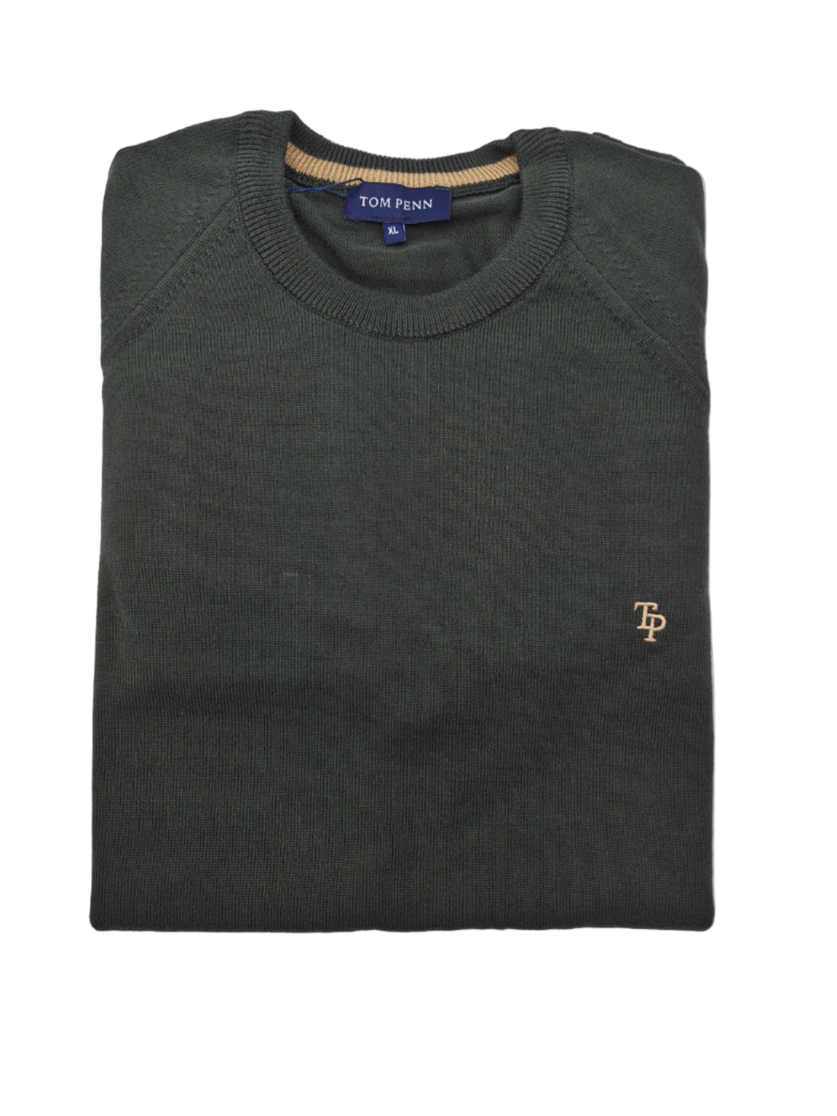 Folded dark green sweater with a brand logo on a light gray background