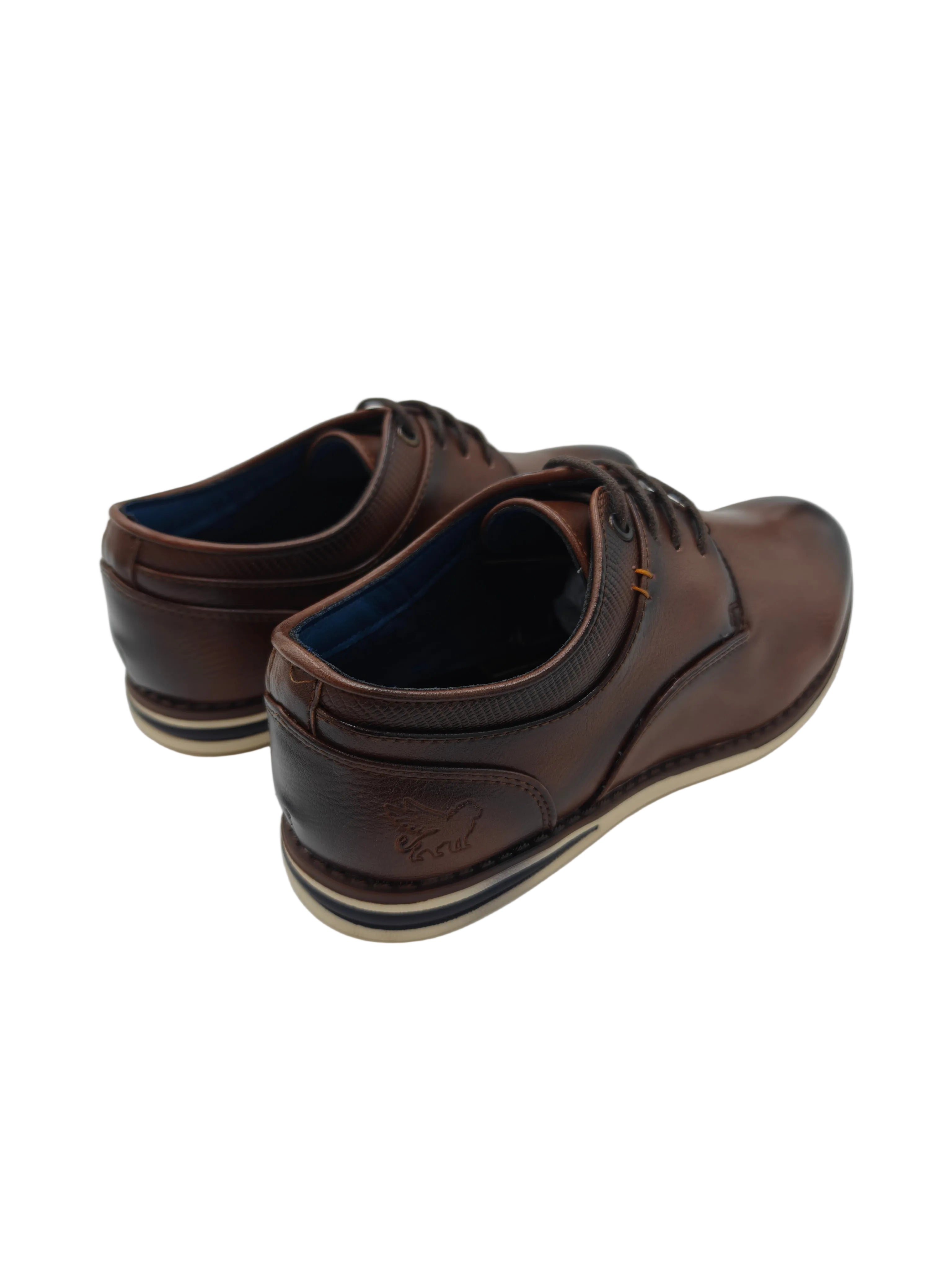 Pair of brown dress shoes on a white surface with a gray background