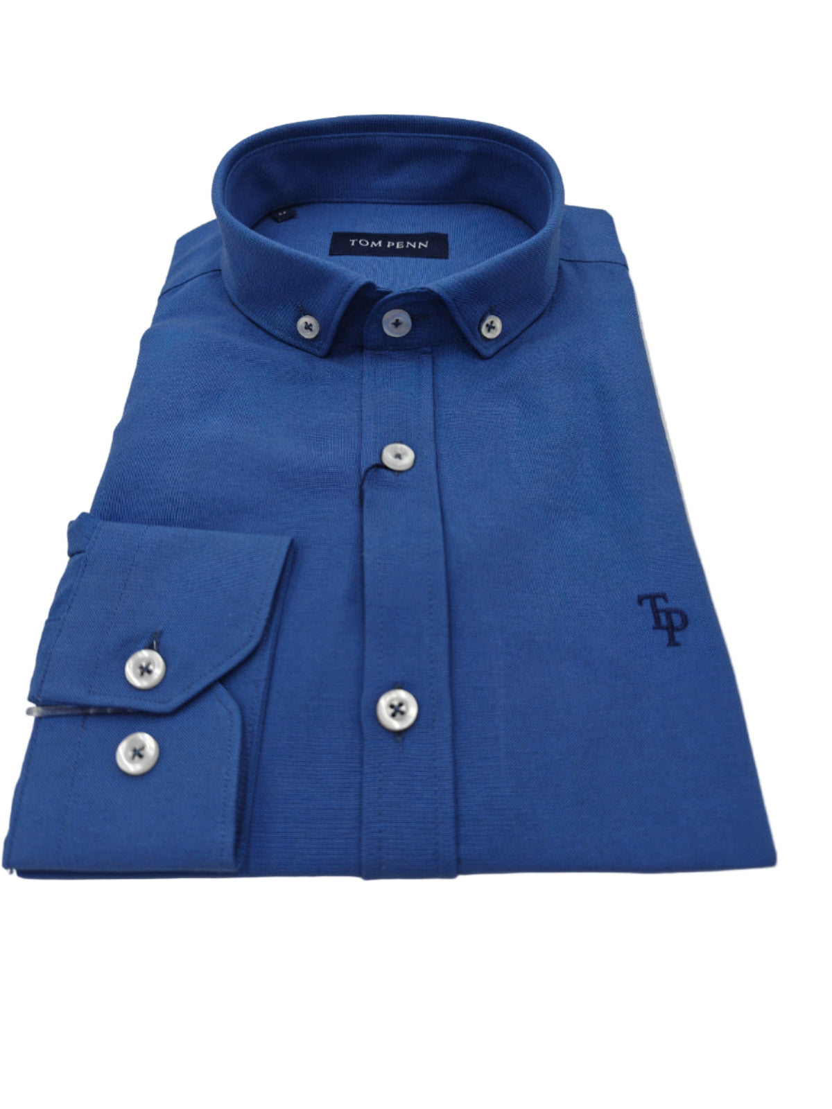Folded blue shirt with brand logo on a light gray background