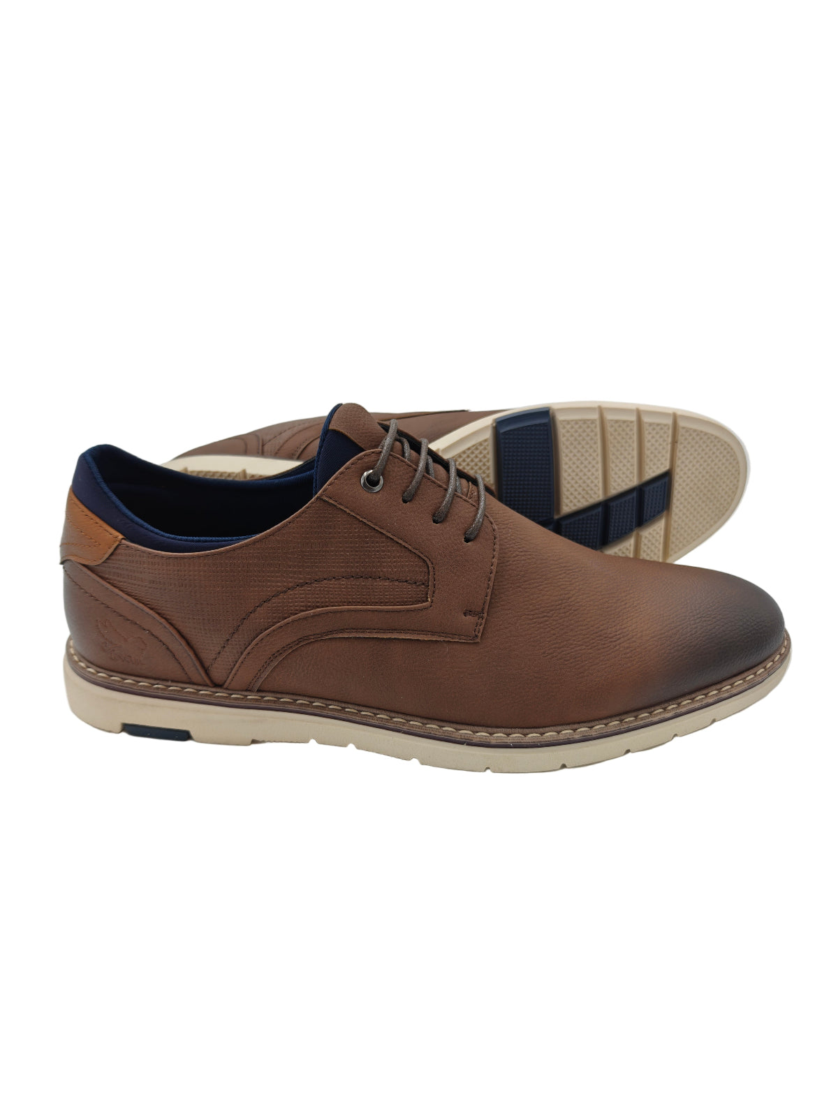 Brown leather shoe with beige sole on a white background