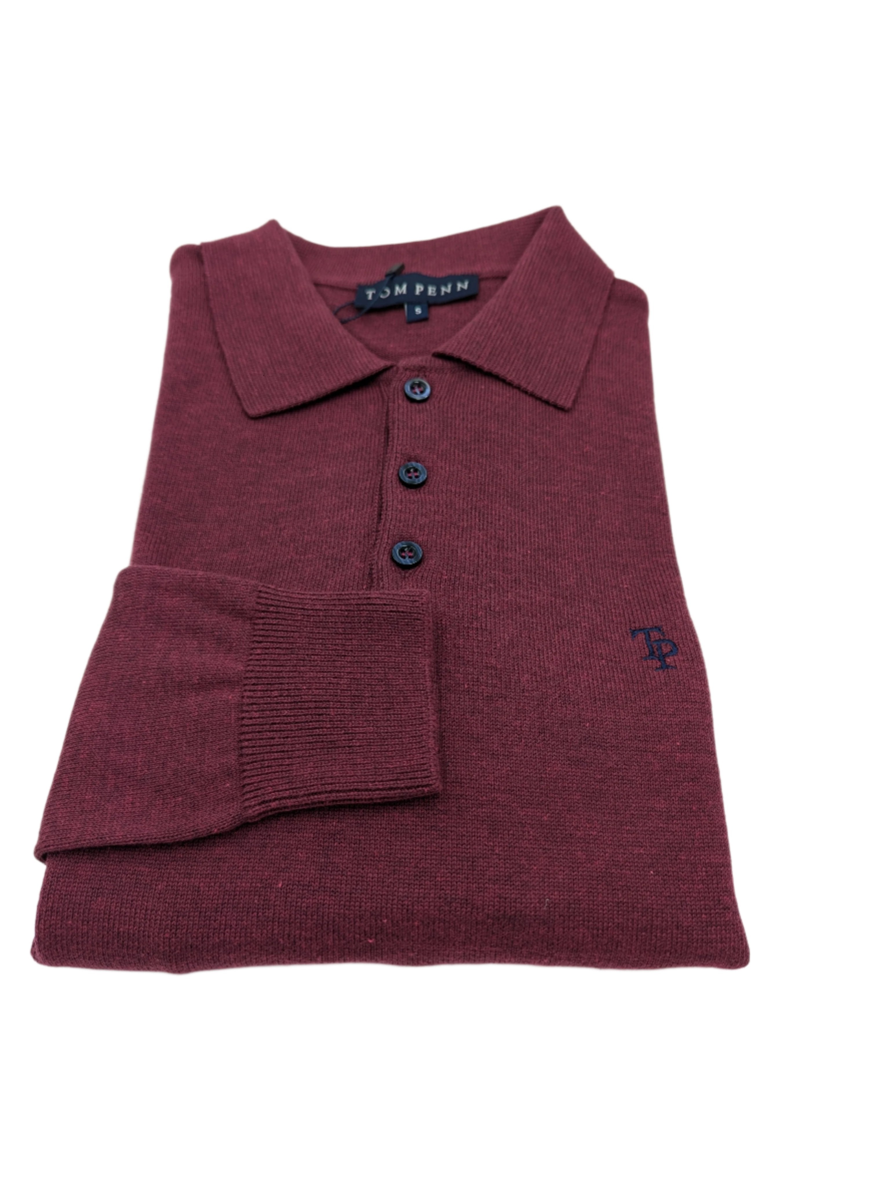 Tom Penn Knitted Burgundy Polo Shirt-Close up view