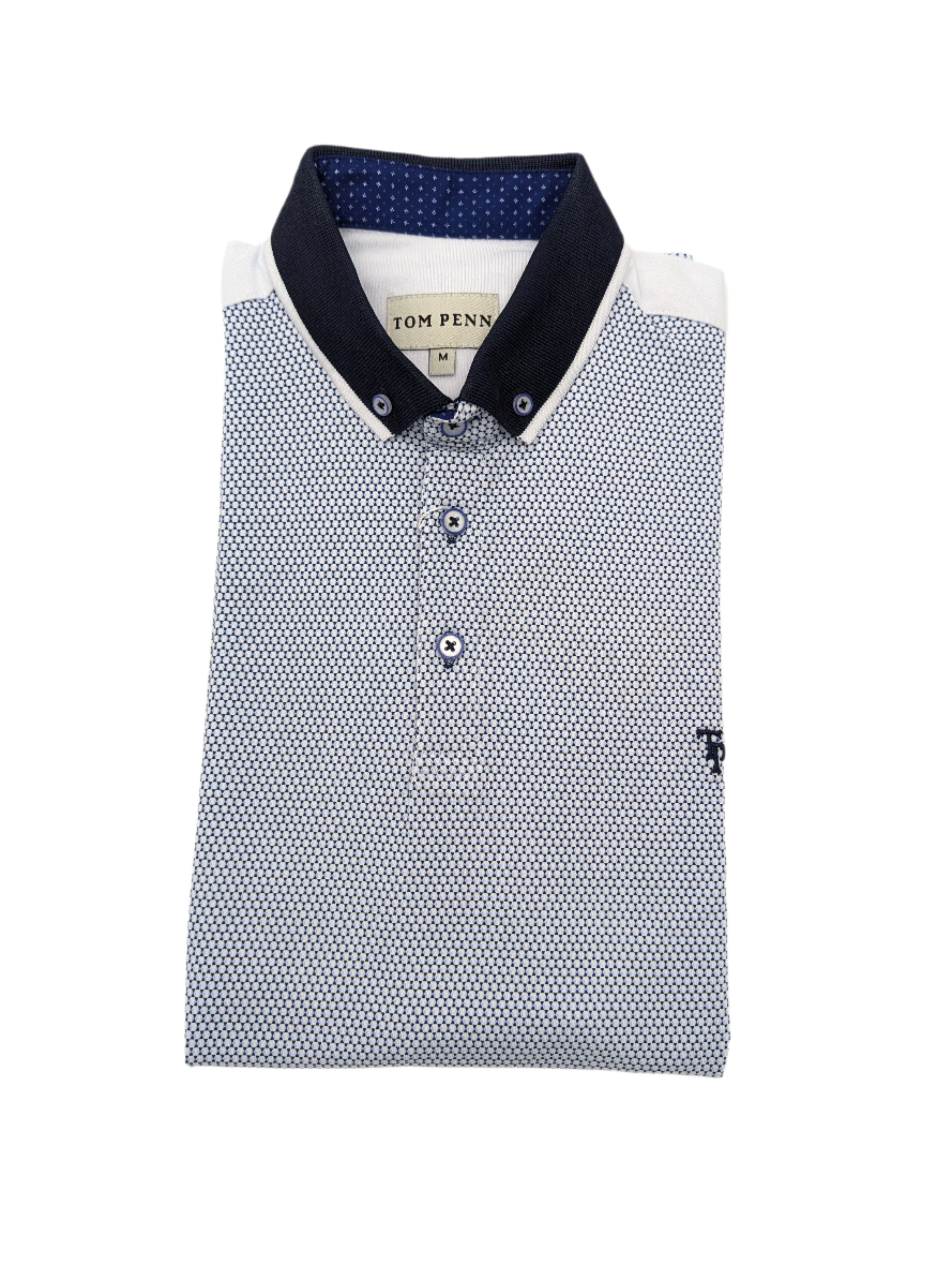 Button Down White Navy Pattern Polo Shirt