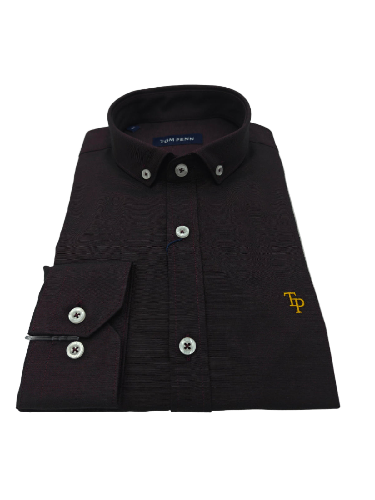 Folded burgundy shirt with a logo on a white background