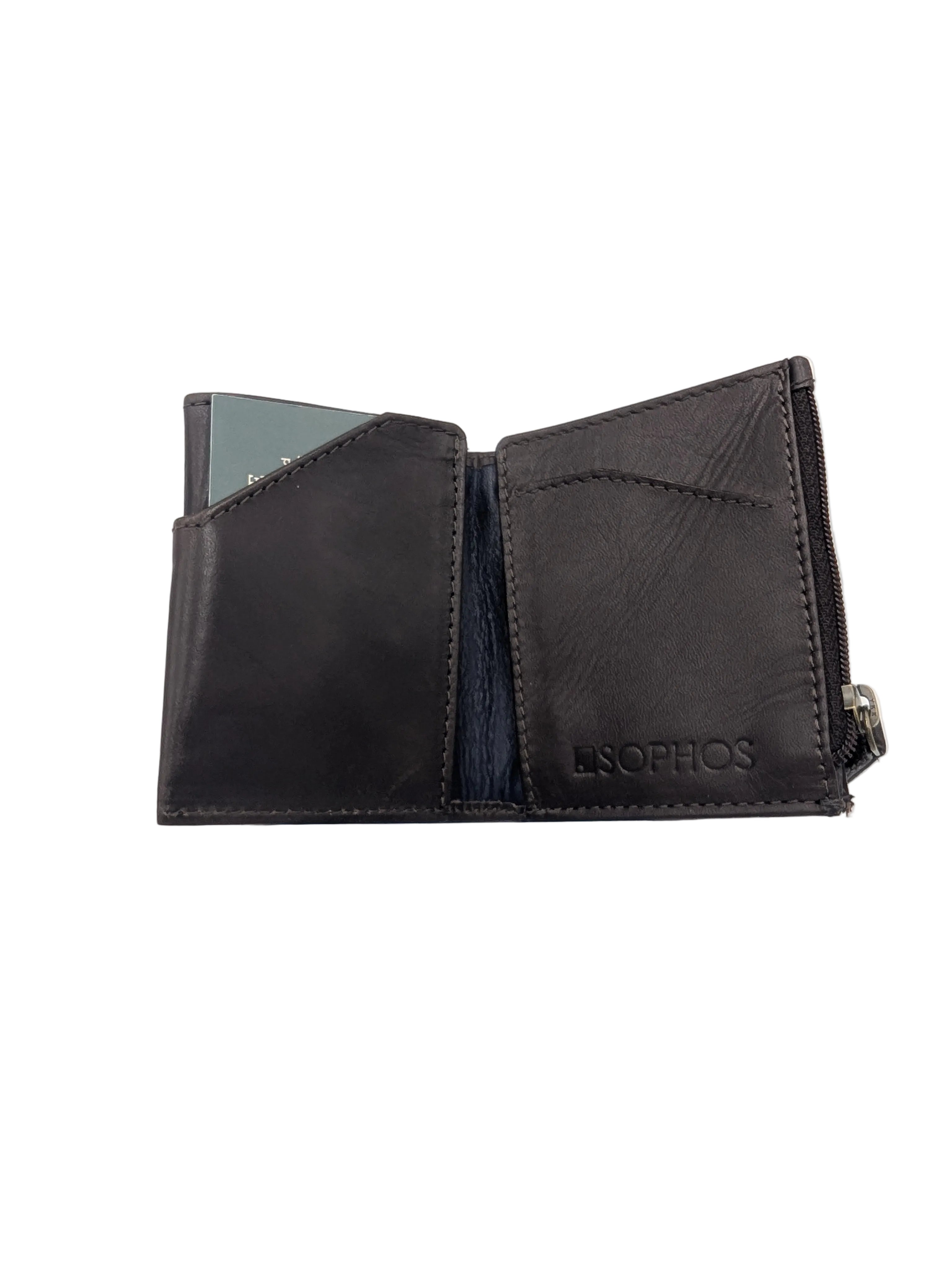 Open Sophos brown men's wallet with card slots and zip section