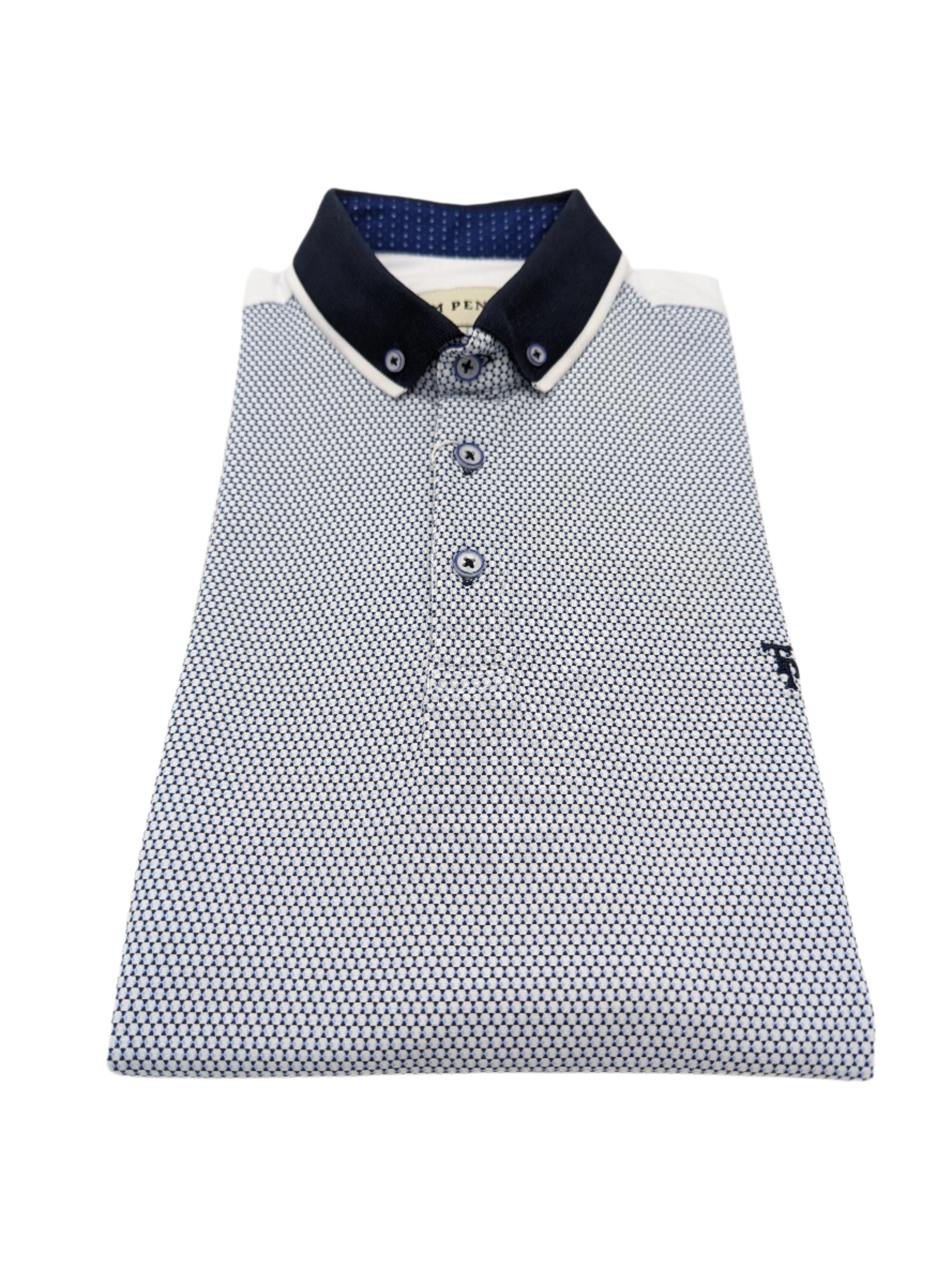 Button Down White Navy Pattern Polo Shirt-Collar view