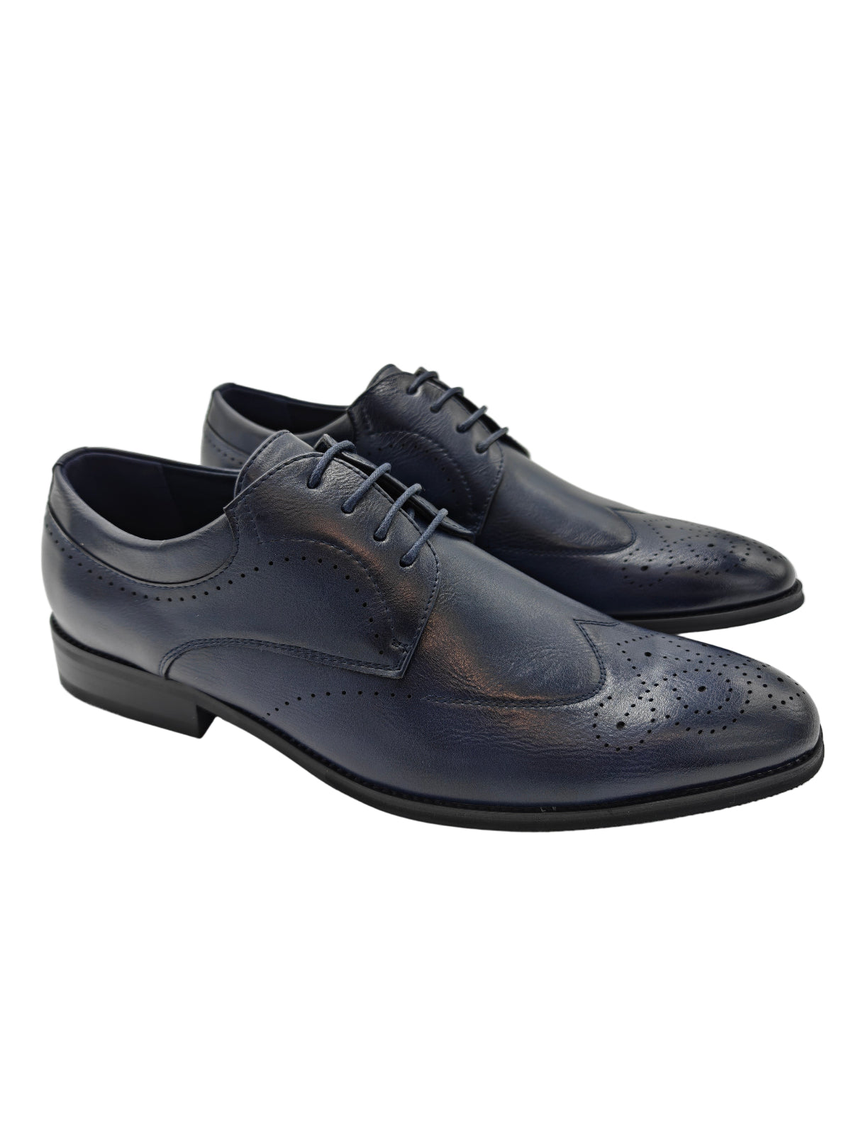 Pair of navy blue leather dress shoes on a white background