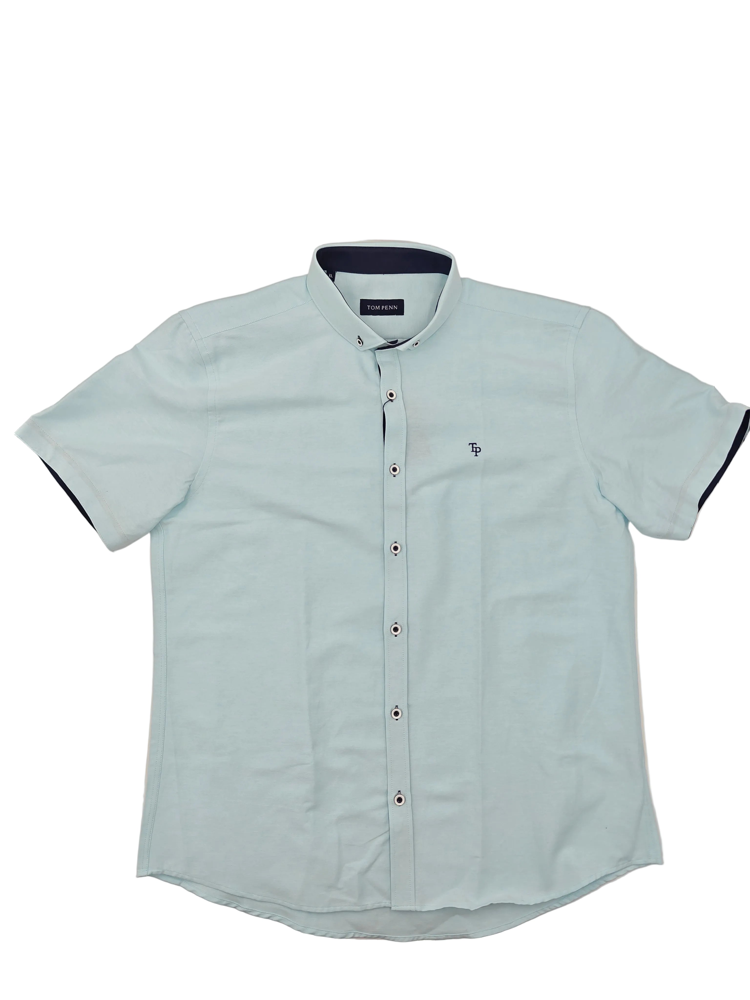Front view of Tom Penn short sleeve Oxford shirt in Ocean Blue