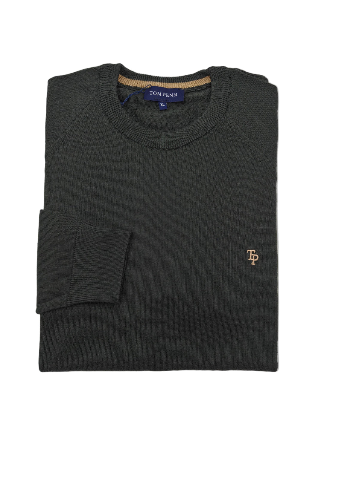Folded green sweater with a logo on a light gray background