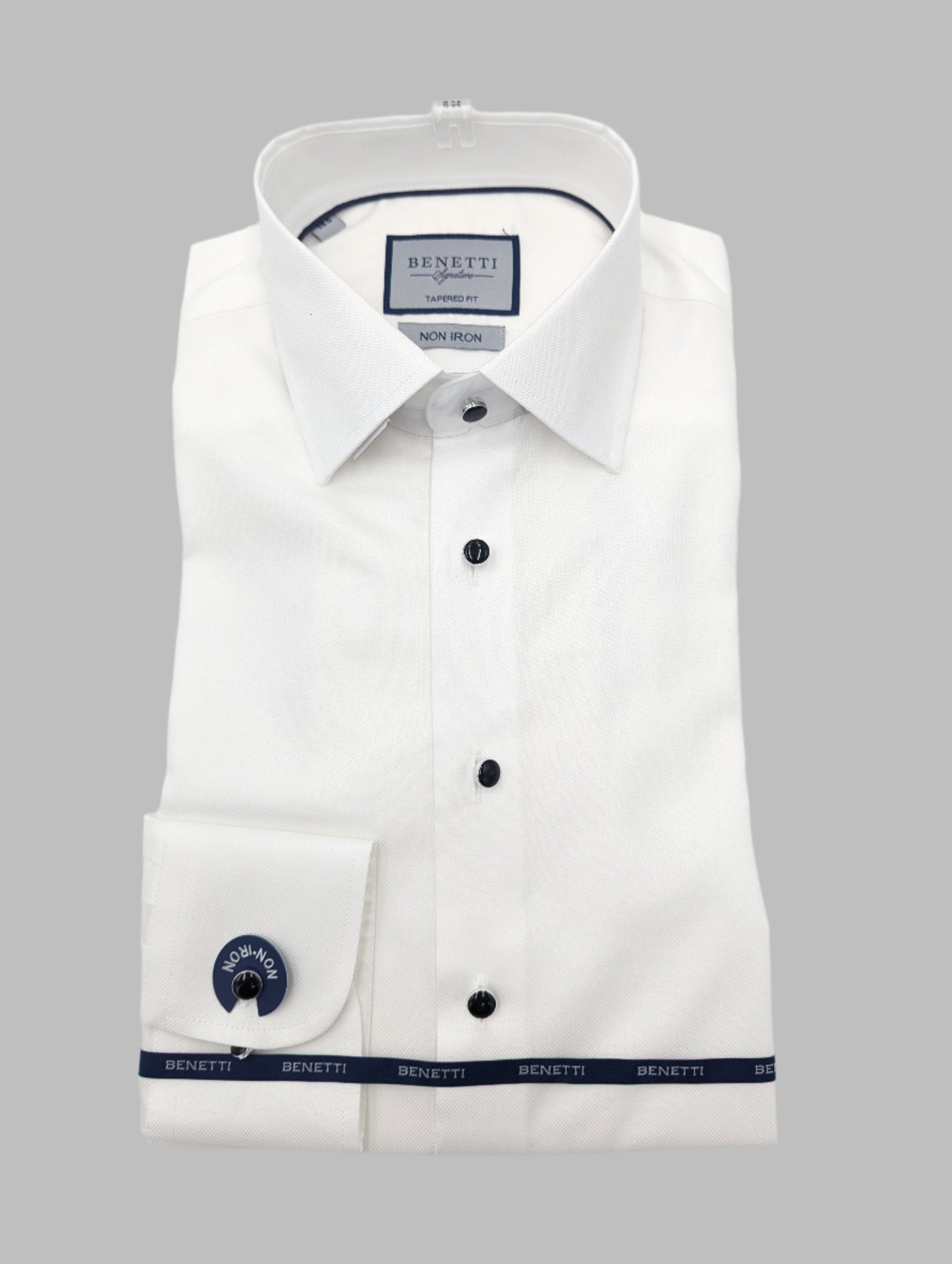 Front view of the William white stud button tuxedo shirt by Benetti