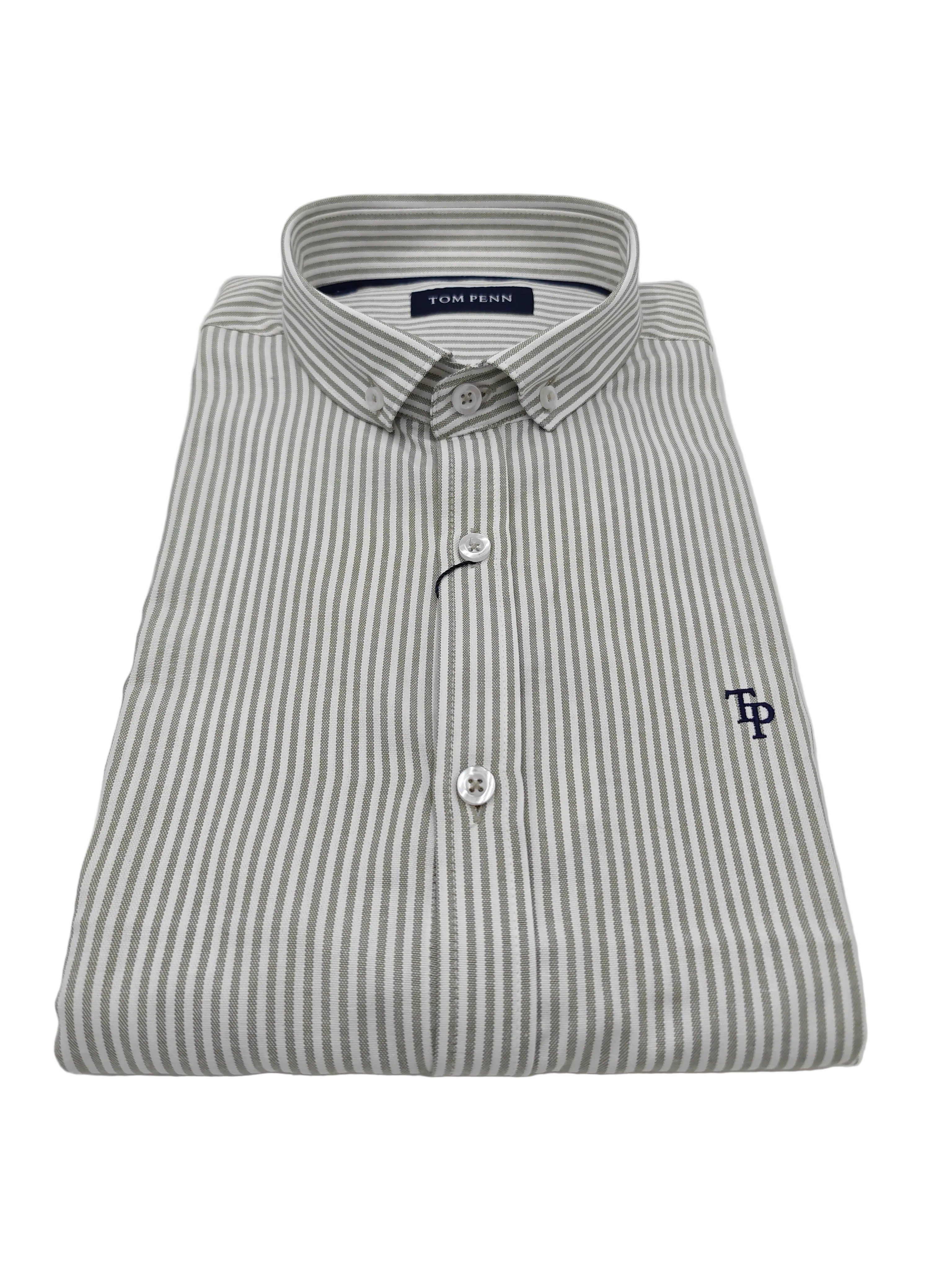 Tom Penn Green Stripe Long Sleeve Shirt-Angle view