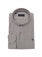 Folded front detail of Tom Penn men’s burgundy and white striped shirt with button-down collar and TP logo