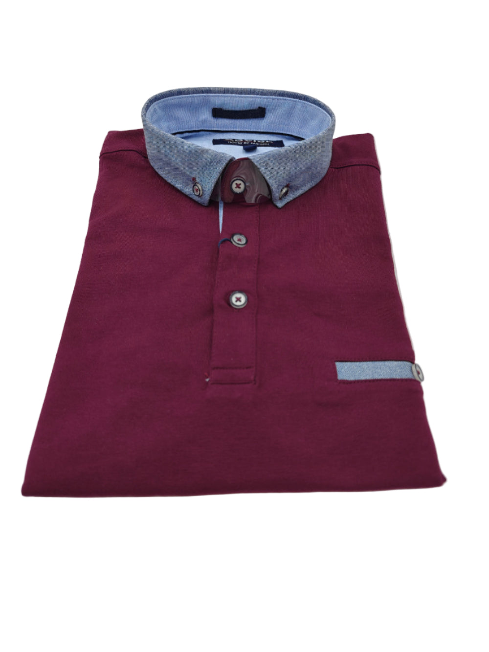 Folded maroon polo shirt with a blue collar on a white background