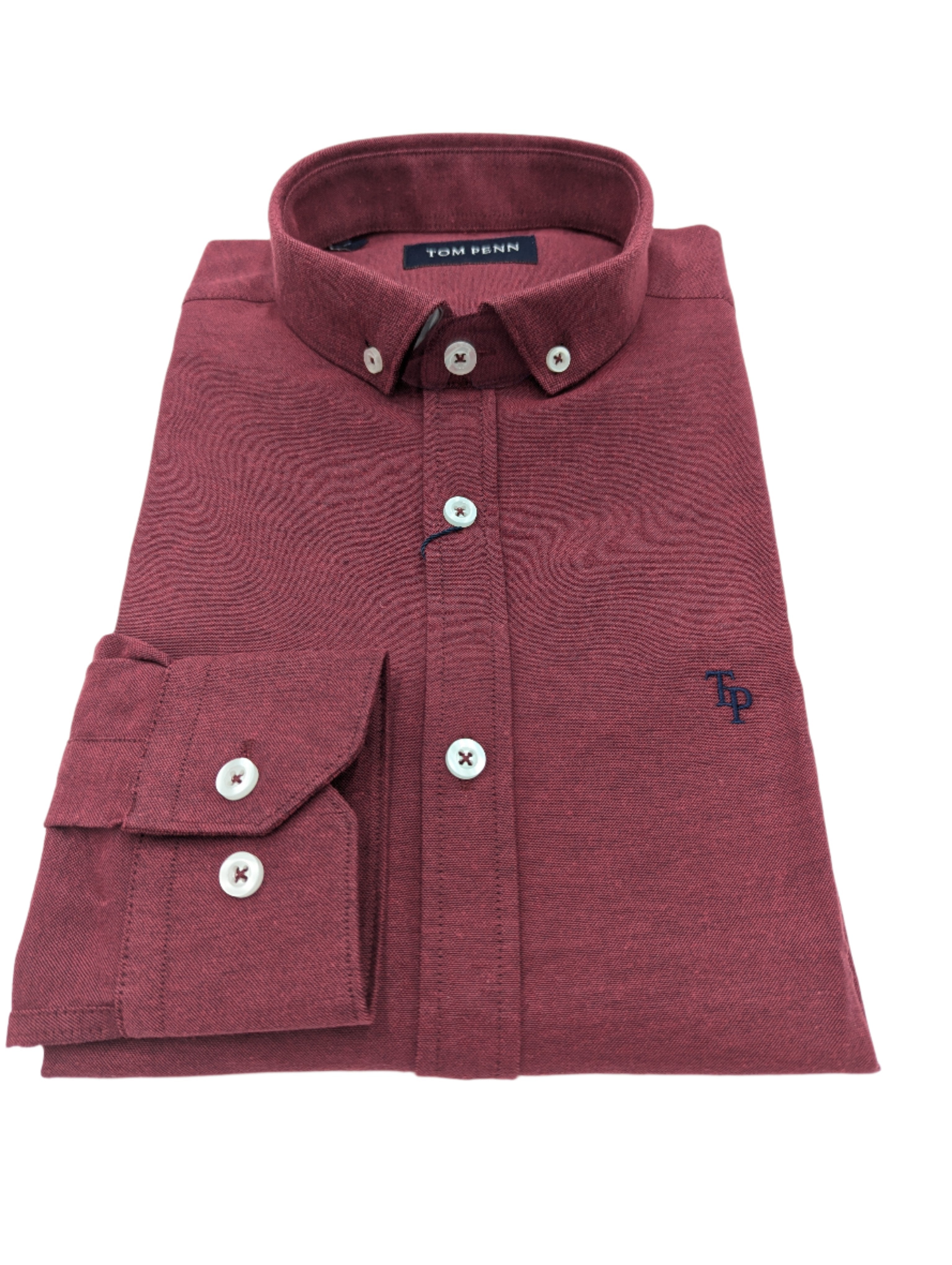 Tom Penn Slim fit Button Down Dark Claret Shirt-Collar view