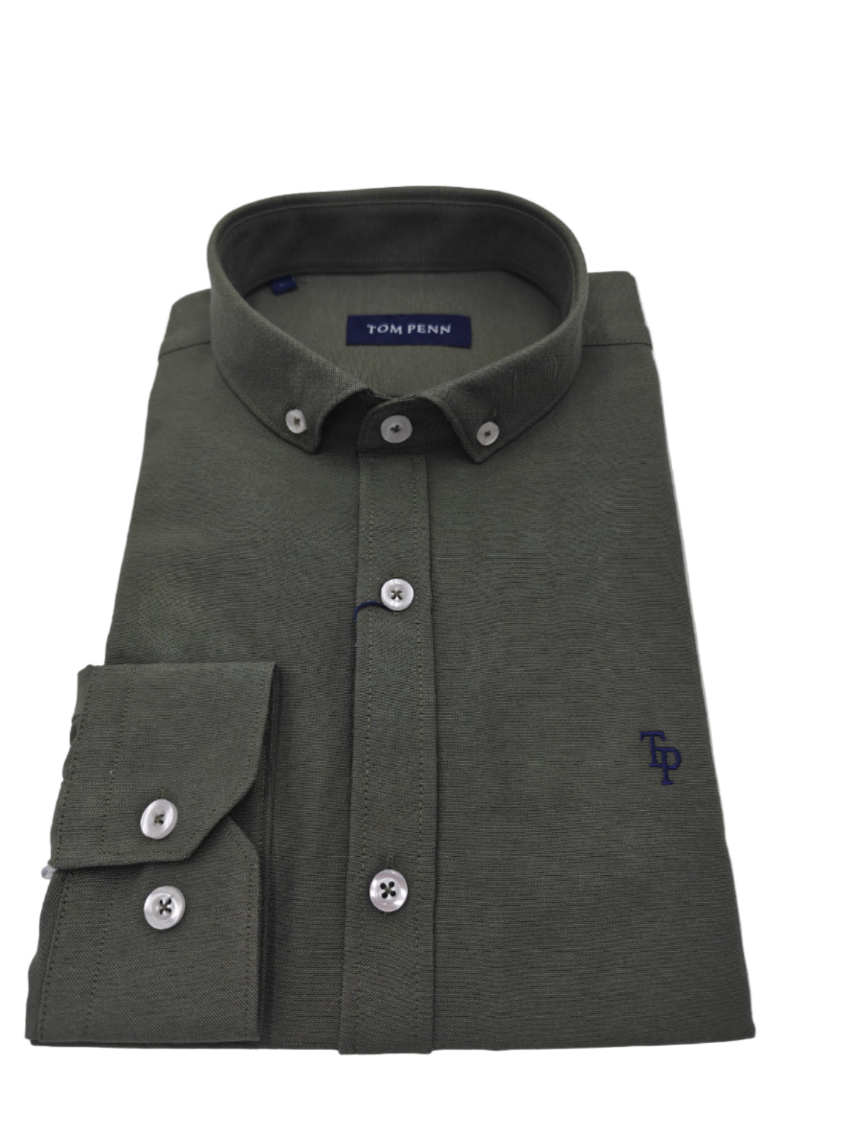 Folded khali dress shirt with button details on a light gray background
