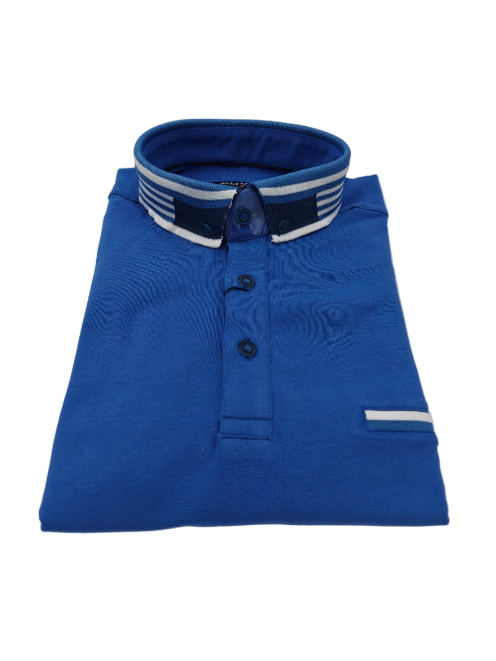 Folded blue polo shirt with striped collar on a light gray background