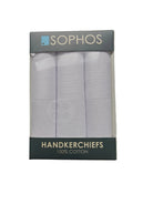 Sophos three-pack of plain white cotton handkerchiefs front close-up