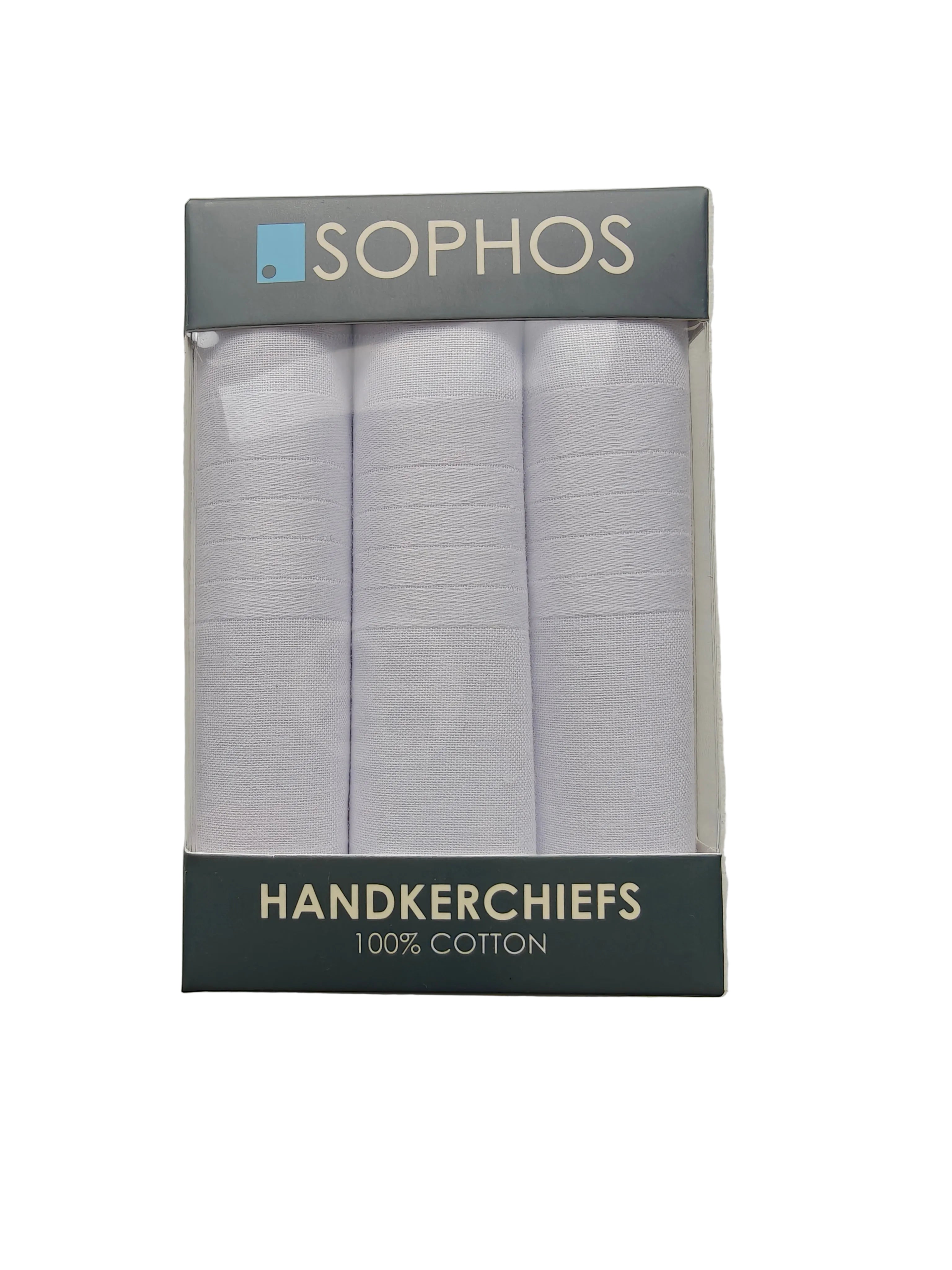 Sophos three-pack of plain white cotton handkerchiefs front close-up
