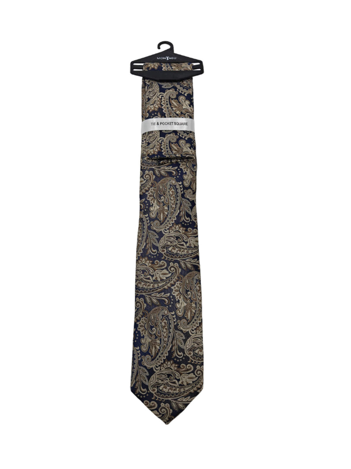 Paisley patterned tie on a hanger with a visible brand label against a light gray background