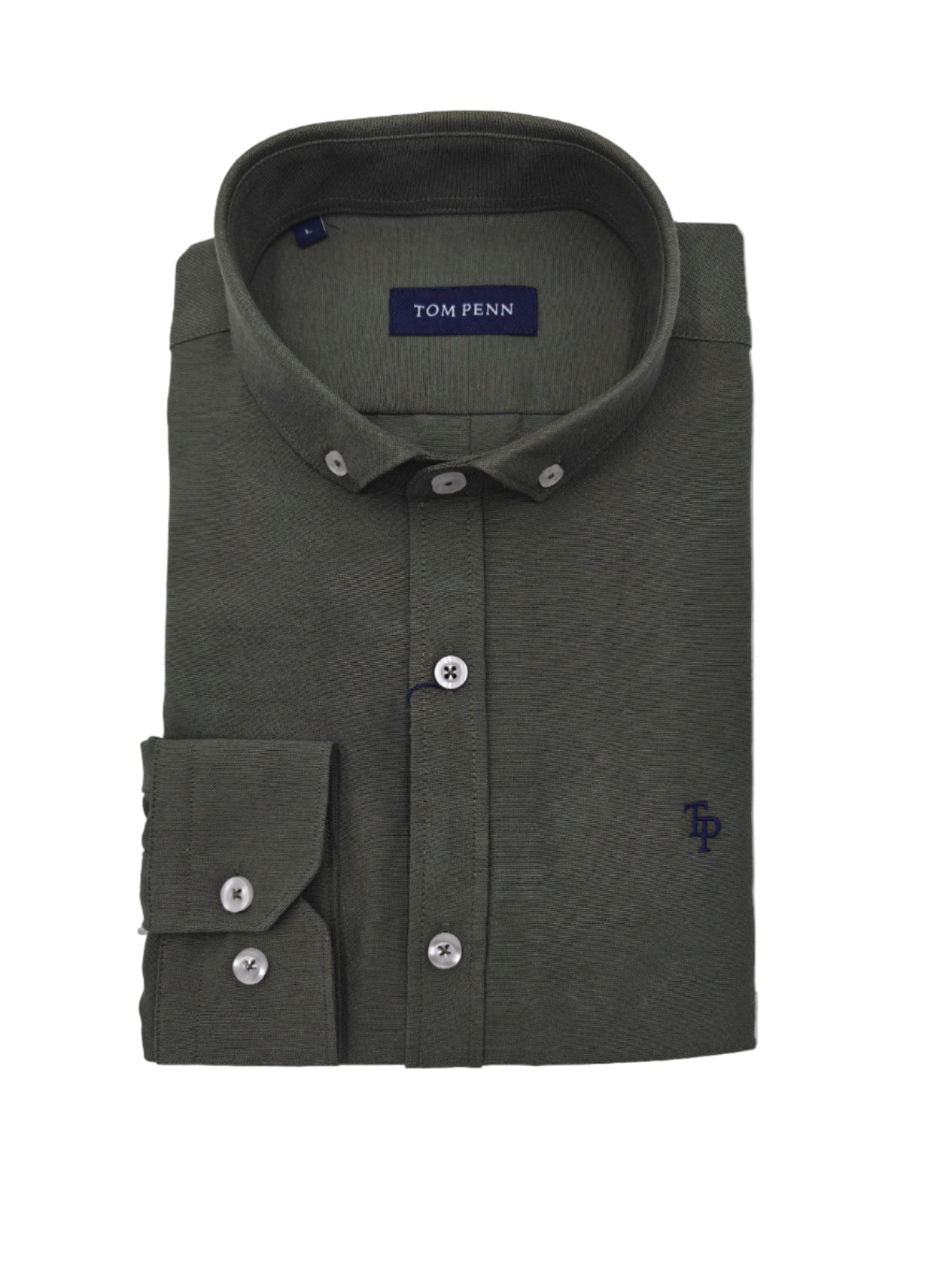 Folded khali dress shirt with button details on a white background