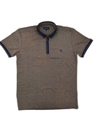 Full front view of Tom Penn men’s tan melange polo shirt with navy tipped cuffs and chest logo