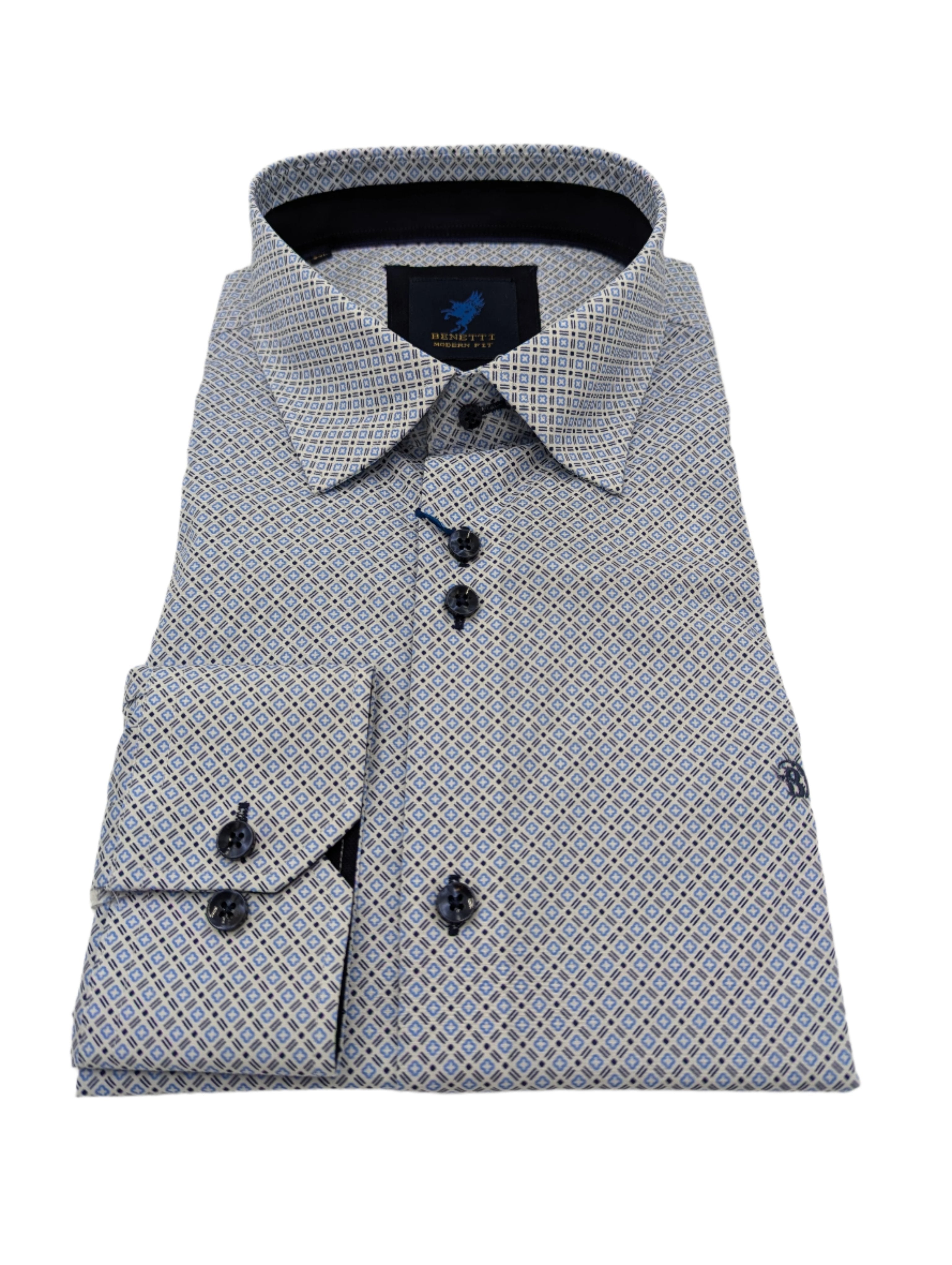 Porsche Casual Pattern Long Sleeve Blue Shirt-Collar view
