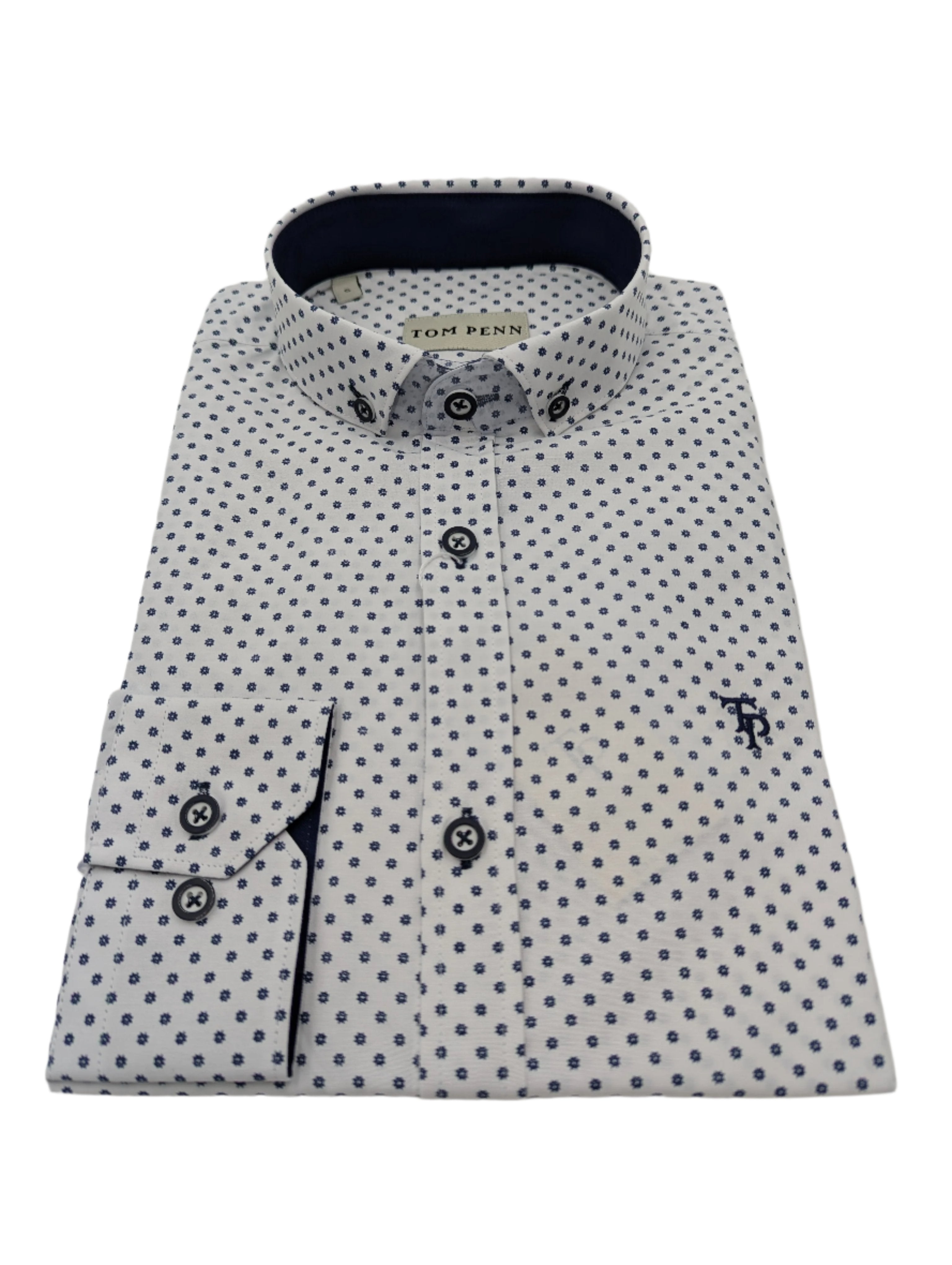 Tom Penn White Navy Long Sleeve Shirt-Collar view