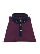 Folded front detail of Tom Penn men’s burgundy melange polo shirt with contrast placket