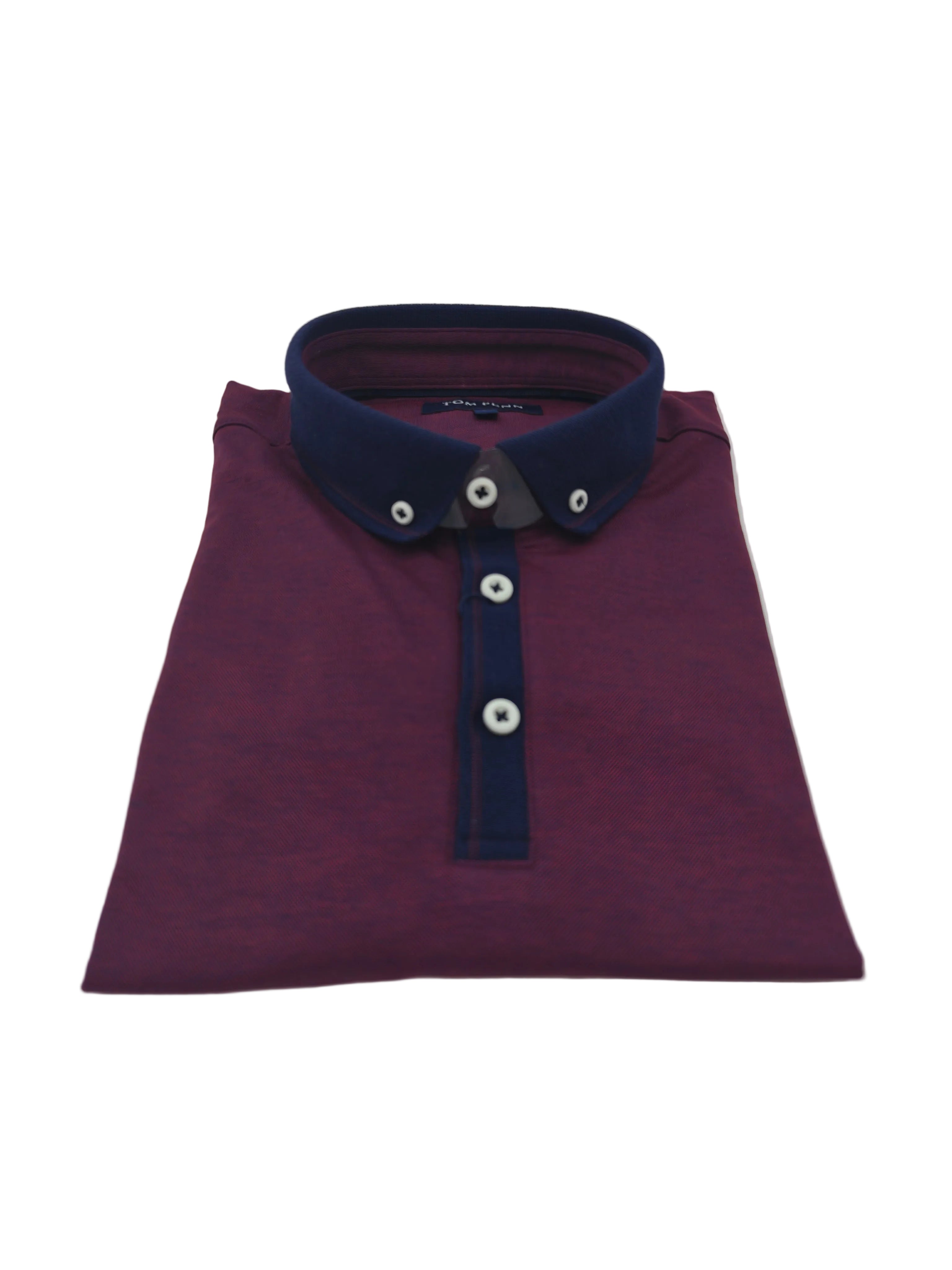 Folded front detail of Tom Penn men’s burgundy melange polo shirt with contrast placket