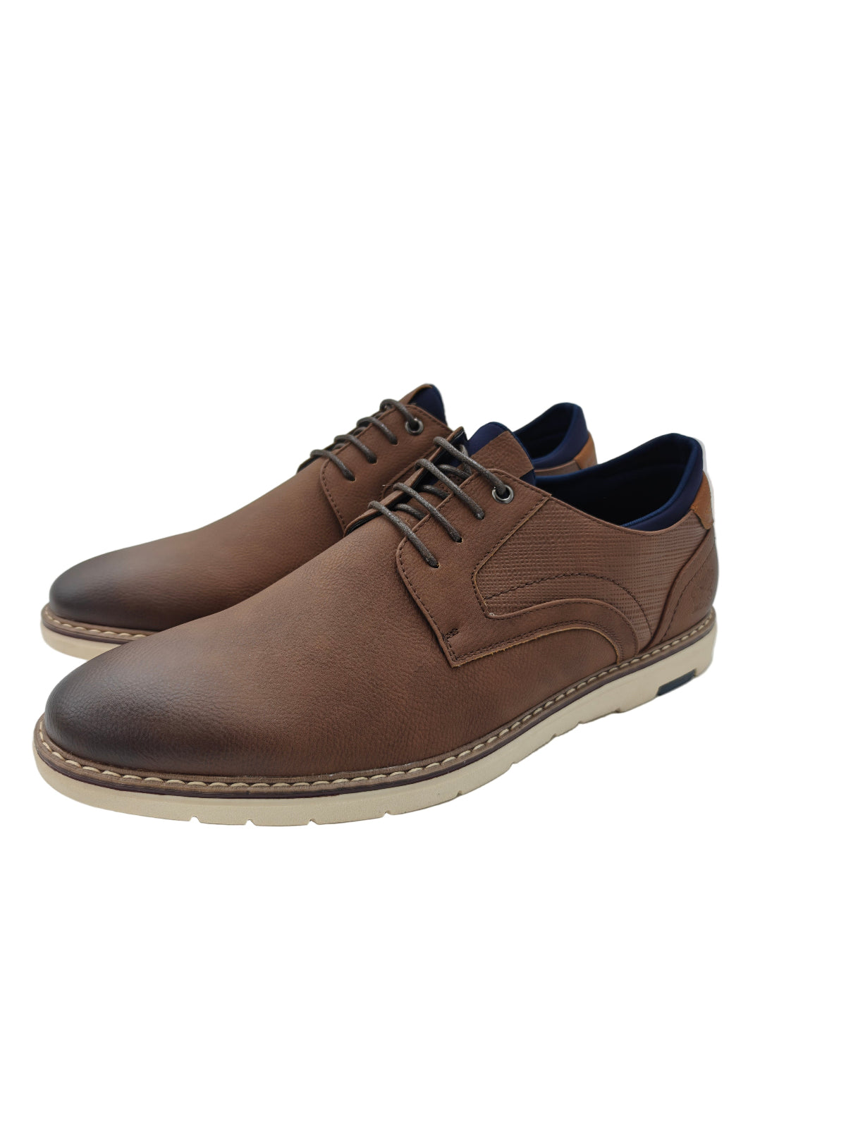 Brown leather shoes with brown laces on a white background