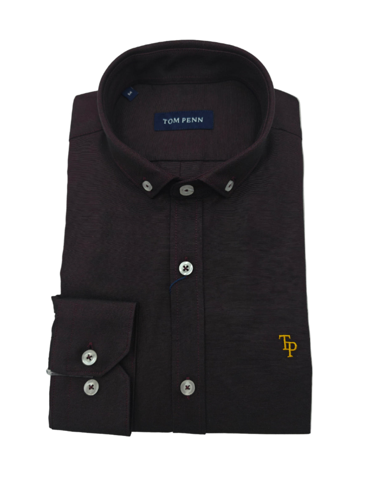 Folded burgundy dress shirt with visible brand logo on a light gray background