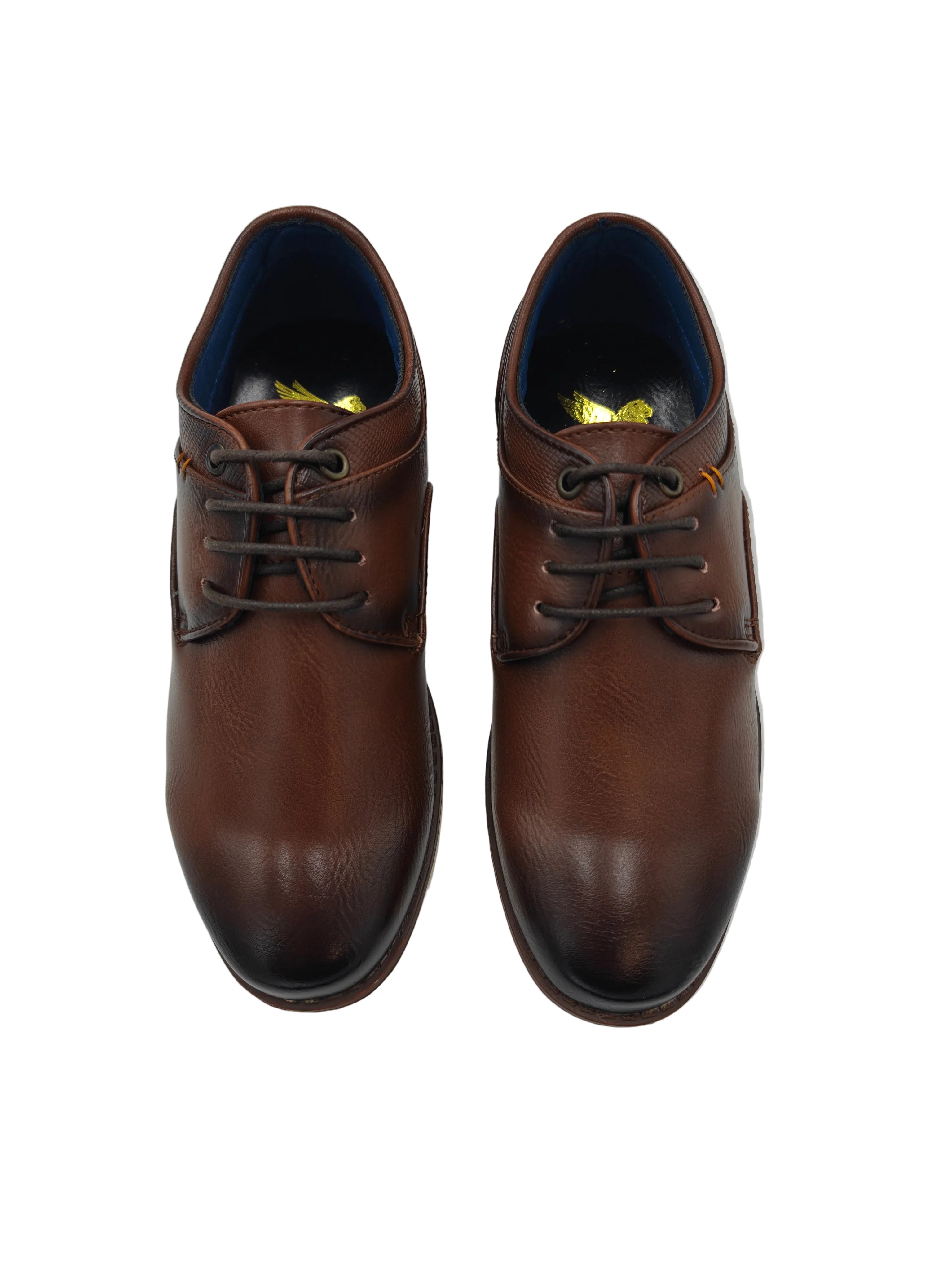 Pair of brown leather dress shoes on a light gray background