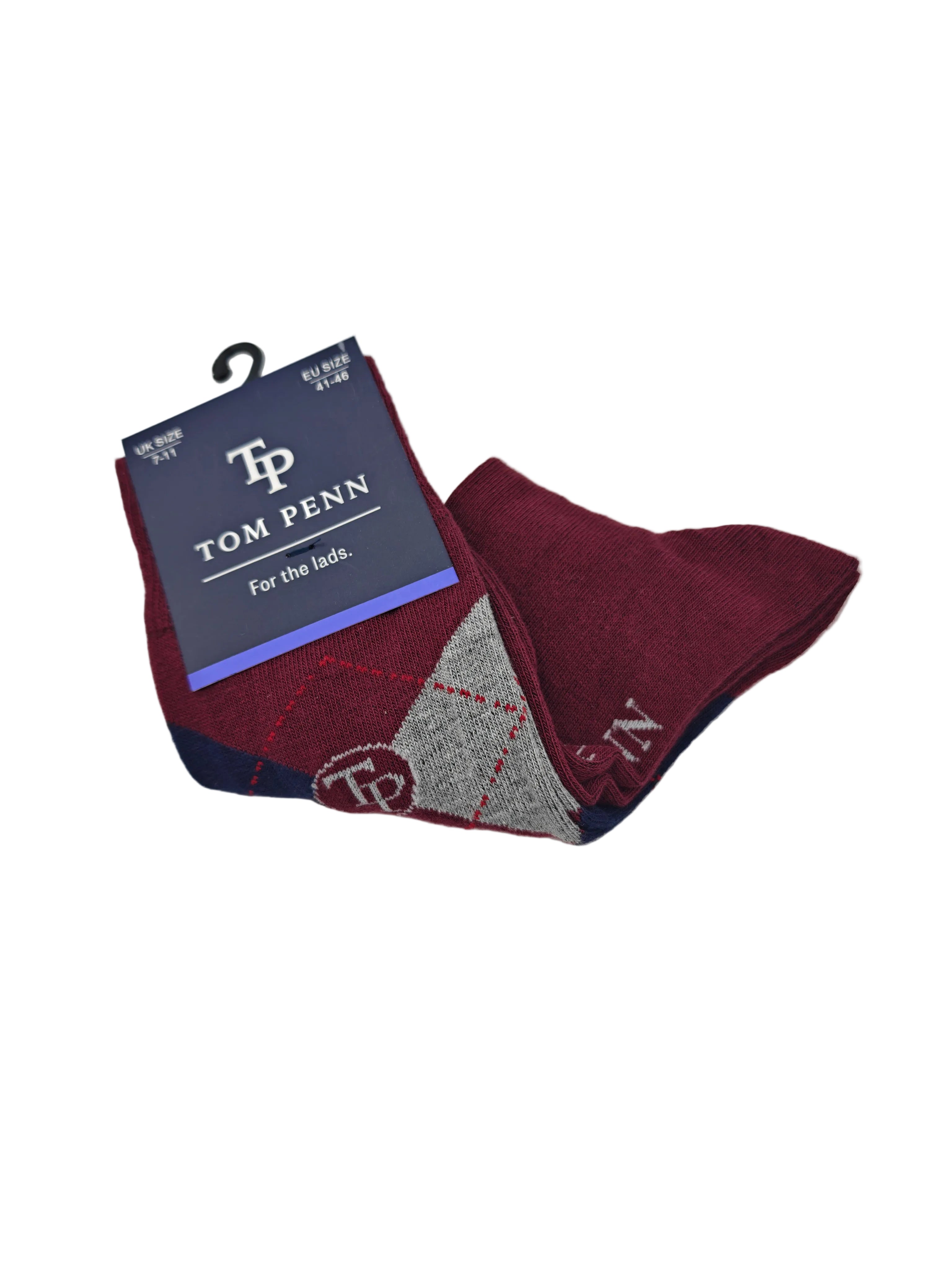 Pair of Tom Penn men’s burgundy argyle socks showing patterned leg, heel and toe